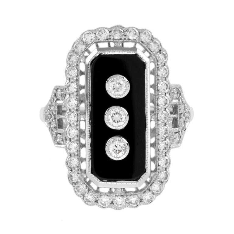 Customizable Art Deco Style Diamond and Onyx Ring in 18K White Gold For ...
