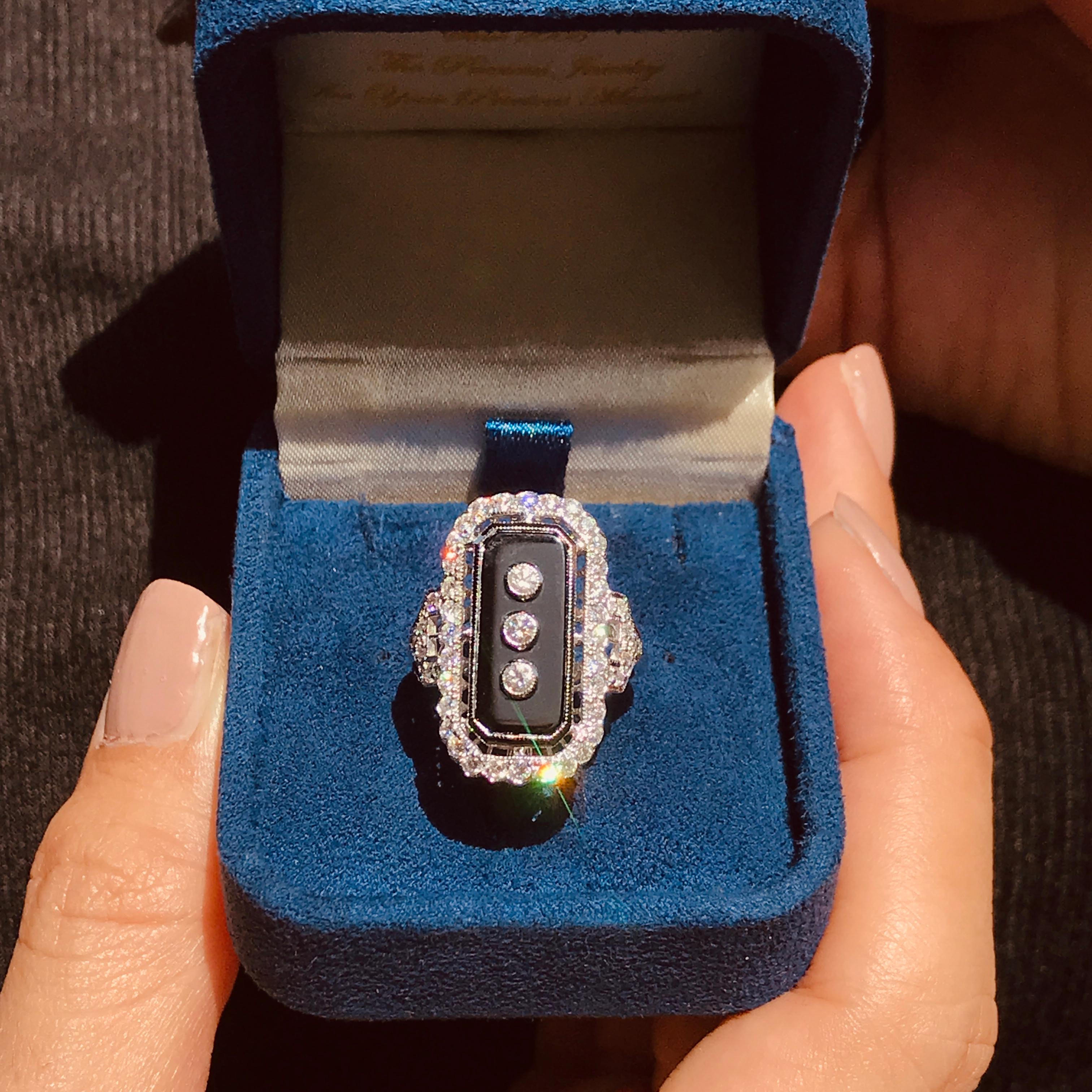 For Sale:  Art Deco Style Diamond and Onyx Ring in 18K White Gold 9