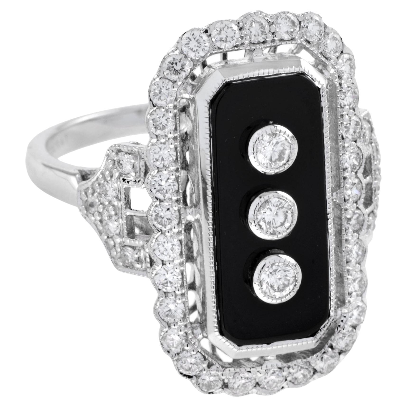 Art Deco Style Diamond and Onyx Ring in 18K White Gold