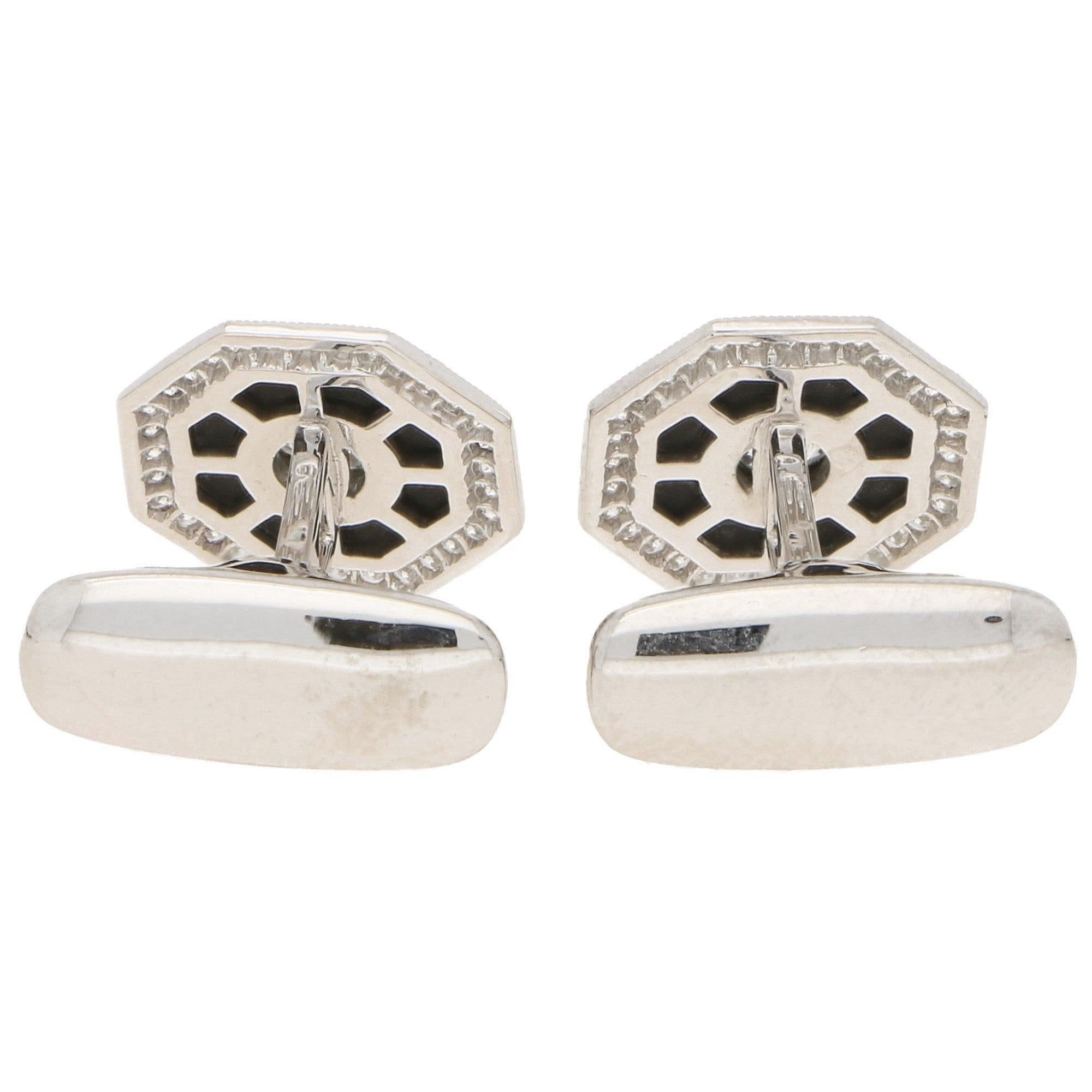 Old European Cut Art Deco Inspired Diamond and Onyx Target Cufflinks Set in Platinum