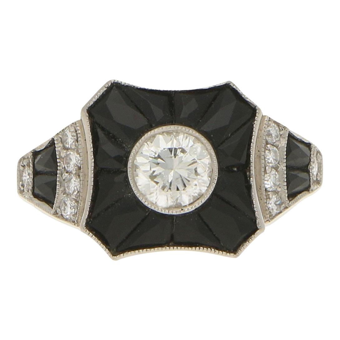 Art Deco Style Diamond and Onyx Target Engagement Ring Set in Platinum