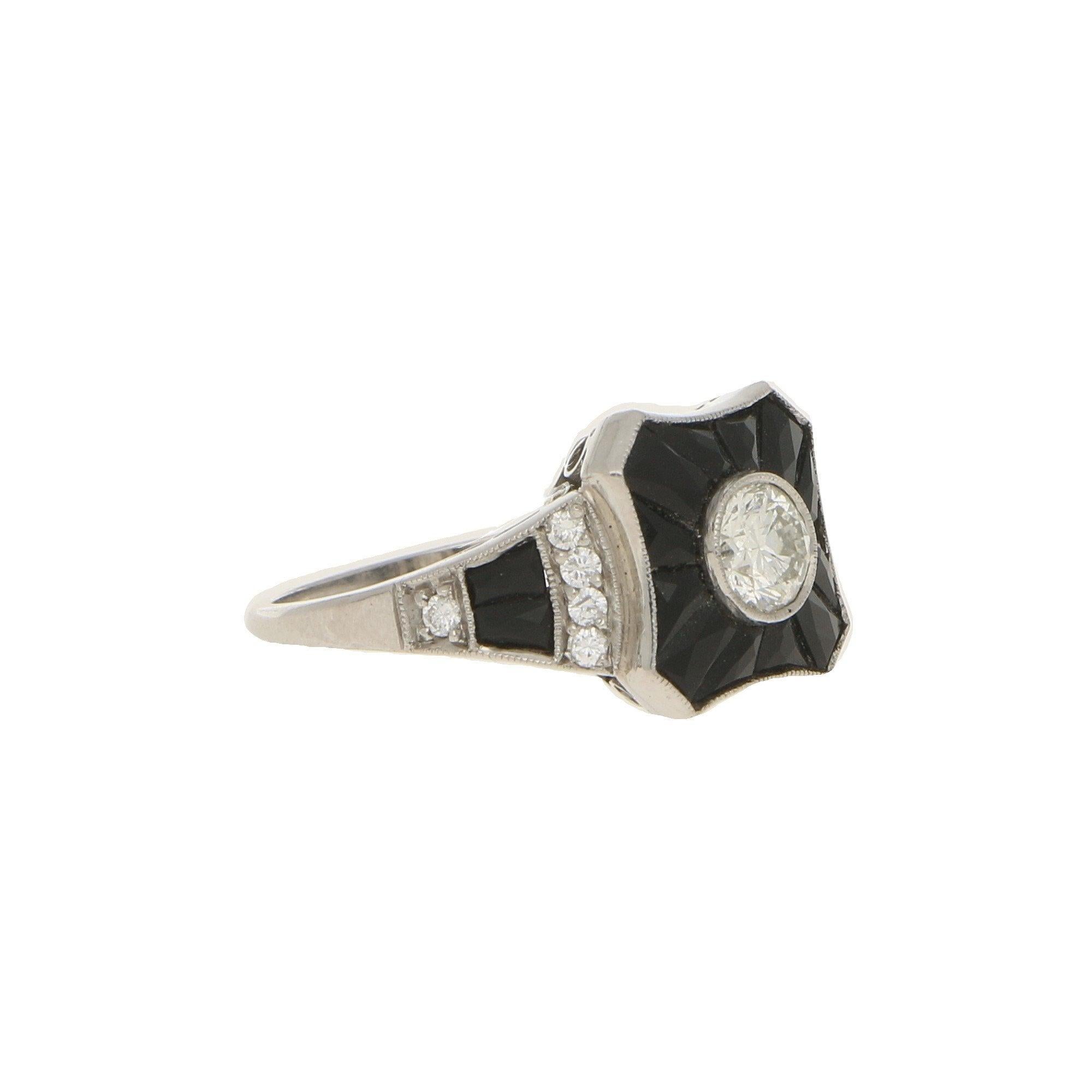 Women's or Men's Art Deco Style Diamond and Onyx Target Engagement Ring Set in Platinum