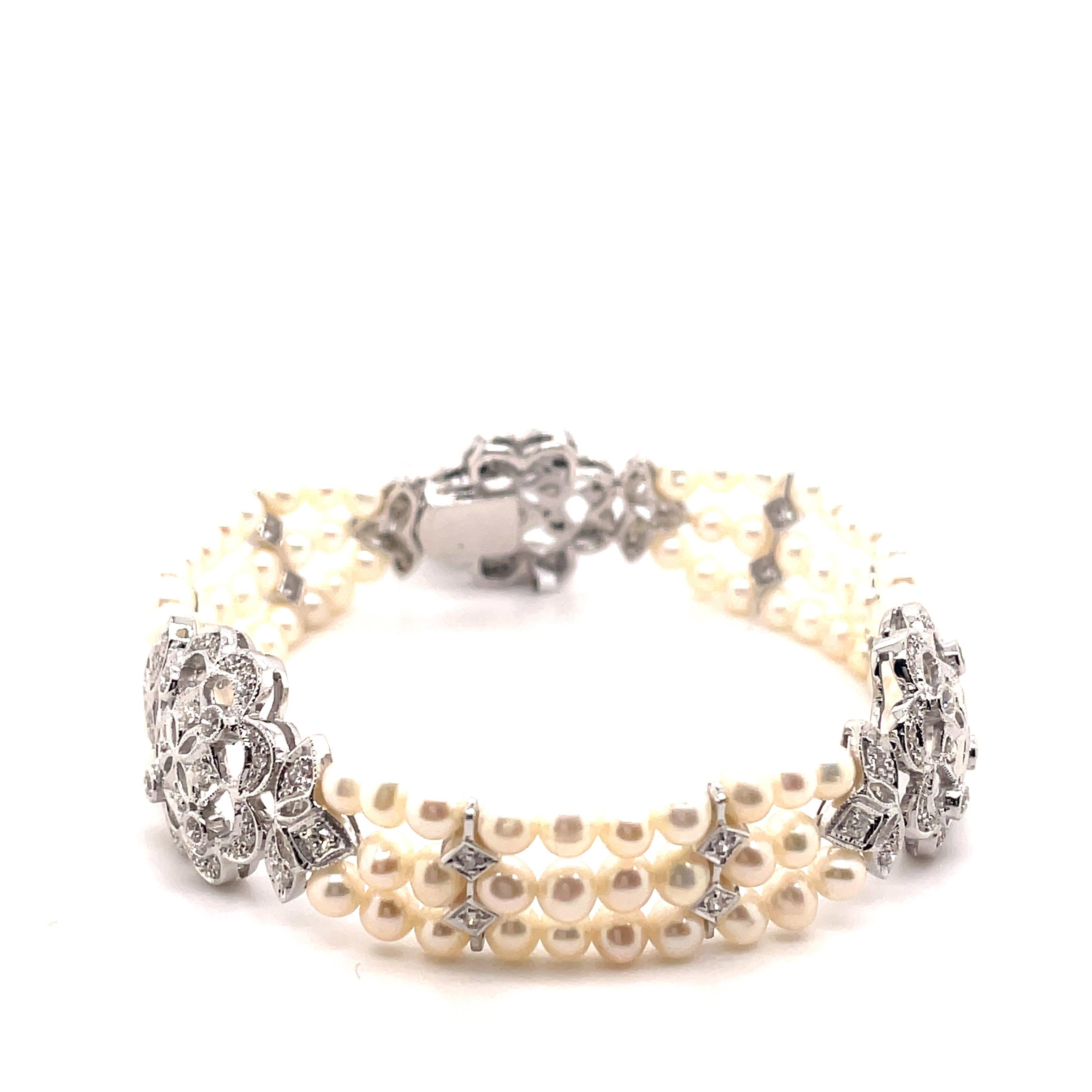 Round Cut Art Deco Style Diamond and Pearl Bracelet 18k White Gold