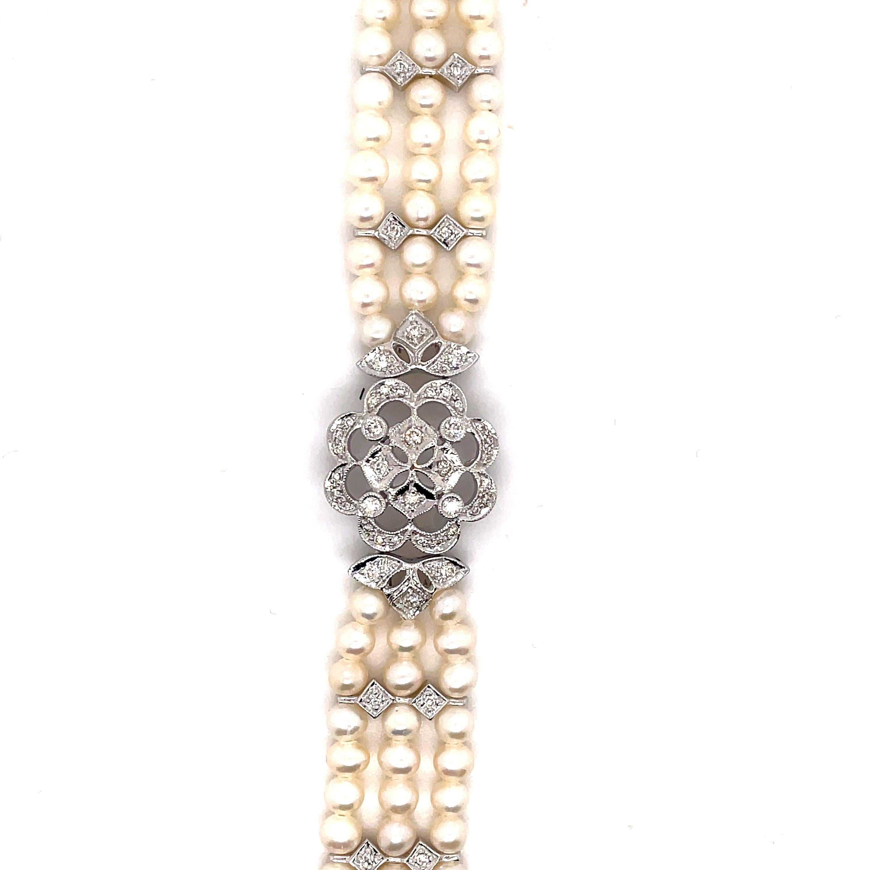Art Deco Style Diamond and Pearl Bracelet 18k White Gold In New Condition In BEVERLY HILLS, CA