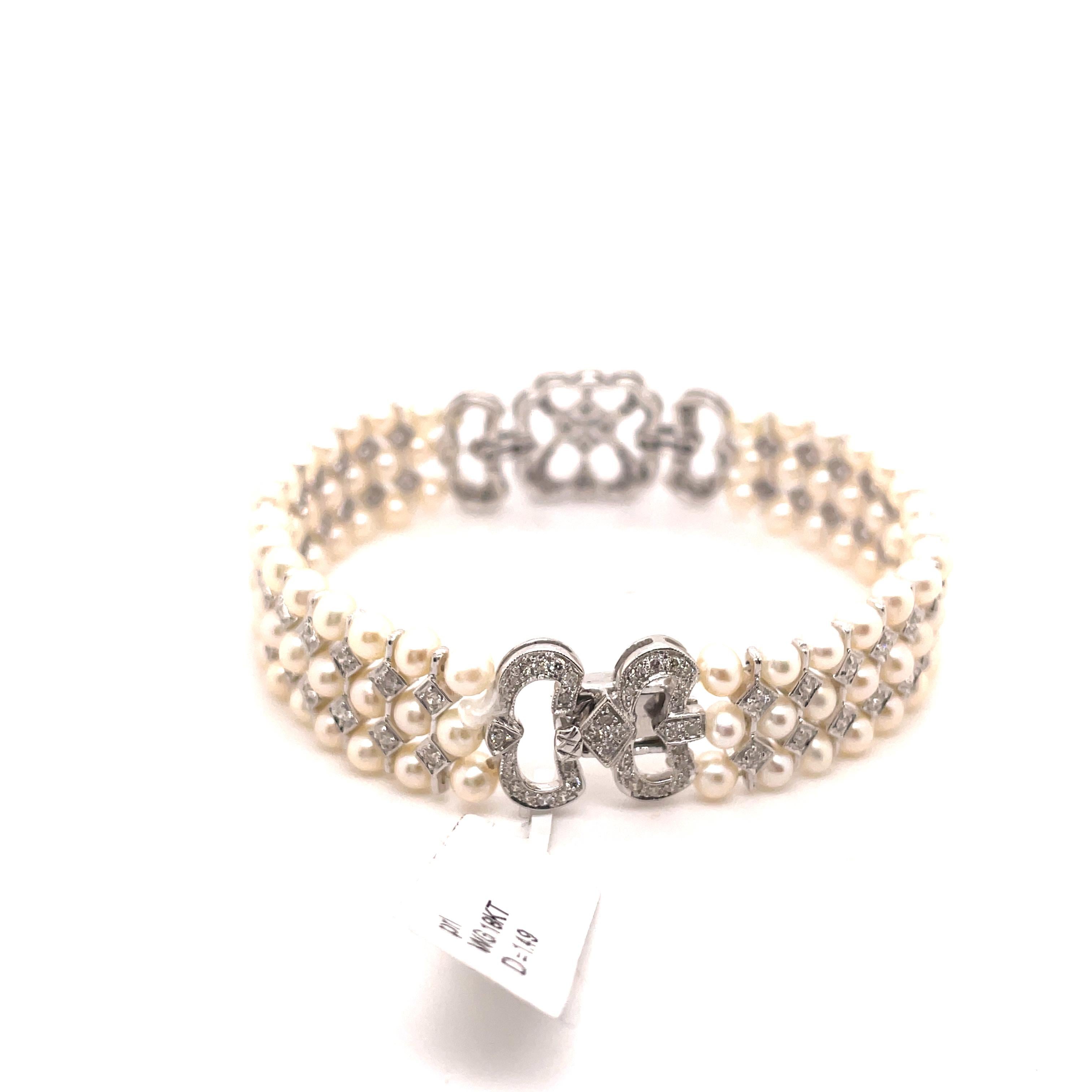 Round Cut Art Deco Style Diamond and Pearl Bracelet 18k White Gold