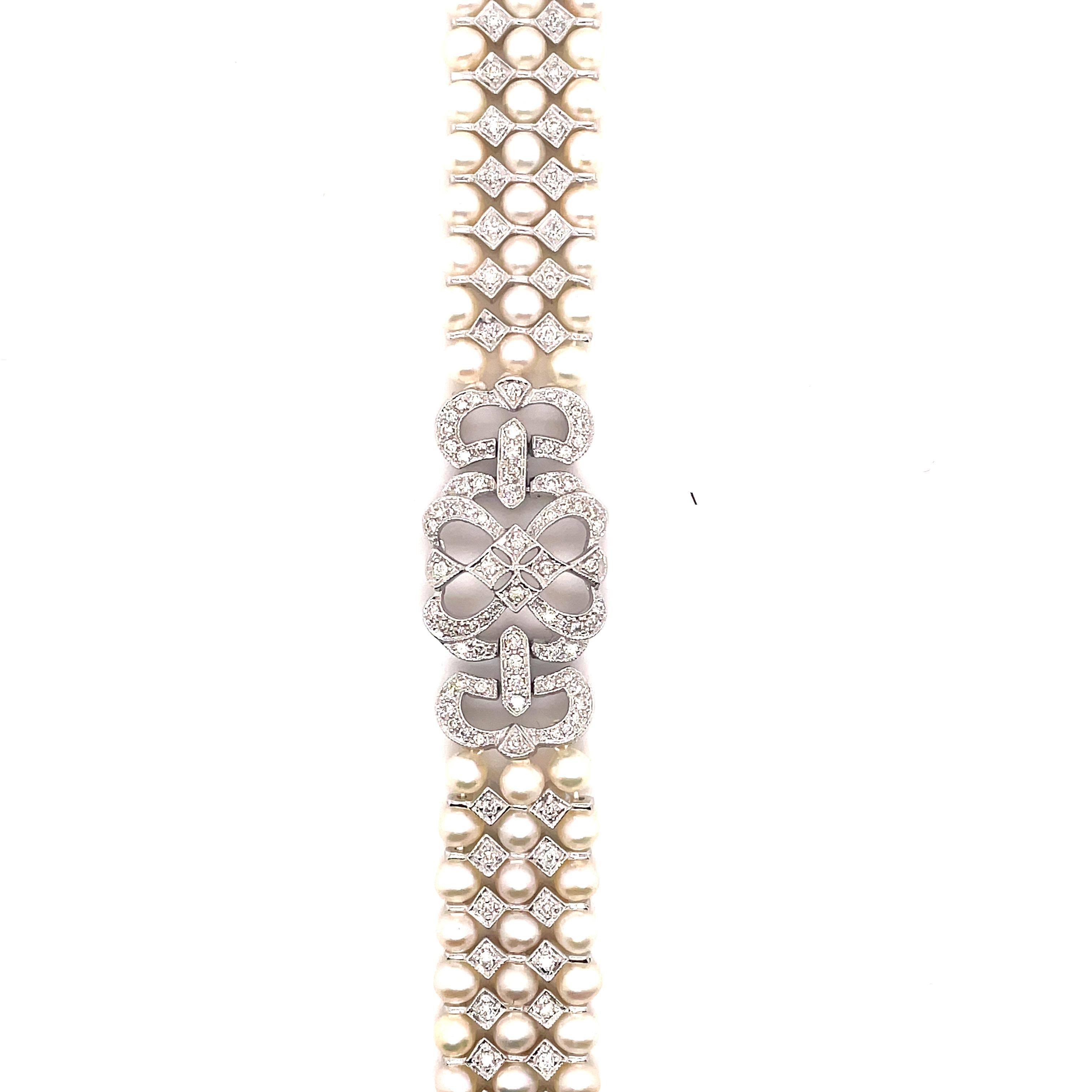 Art Deco Style Diamond and Pearl Bracelet 18k White Gold In New Condition In BEVERLY HILLS, CA