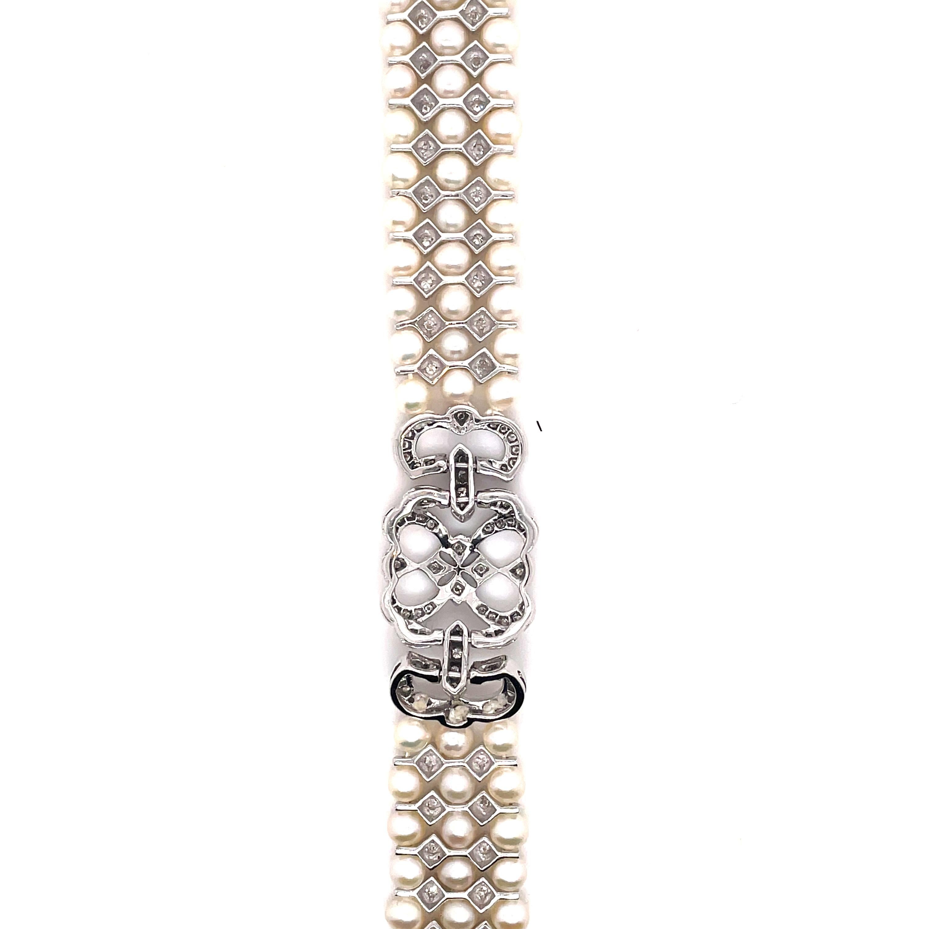 Women's Art Deco Style Diamond and Pearl Bracelet 18k White Gold