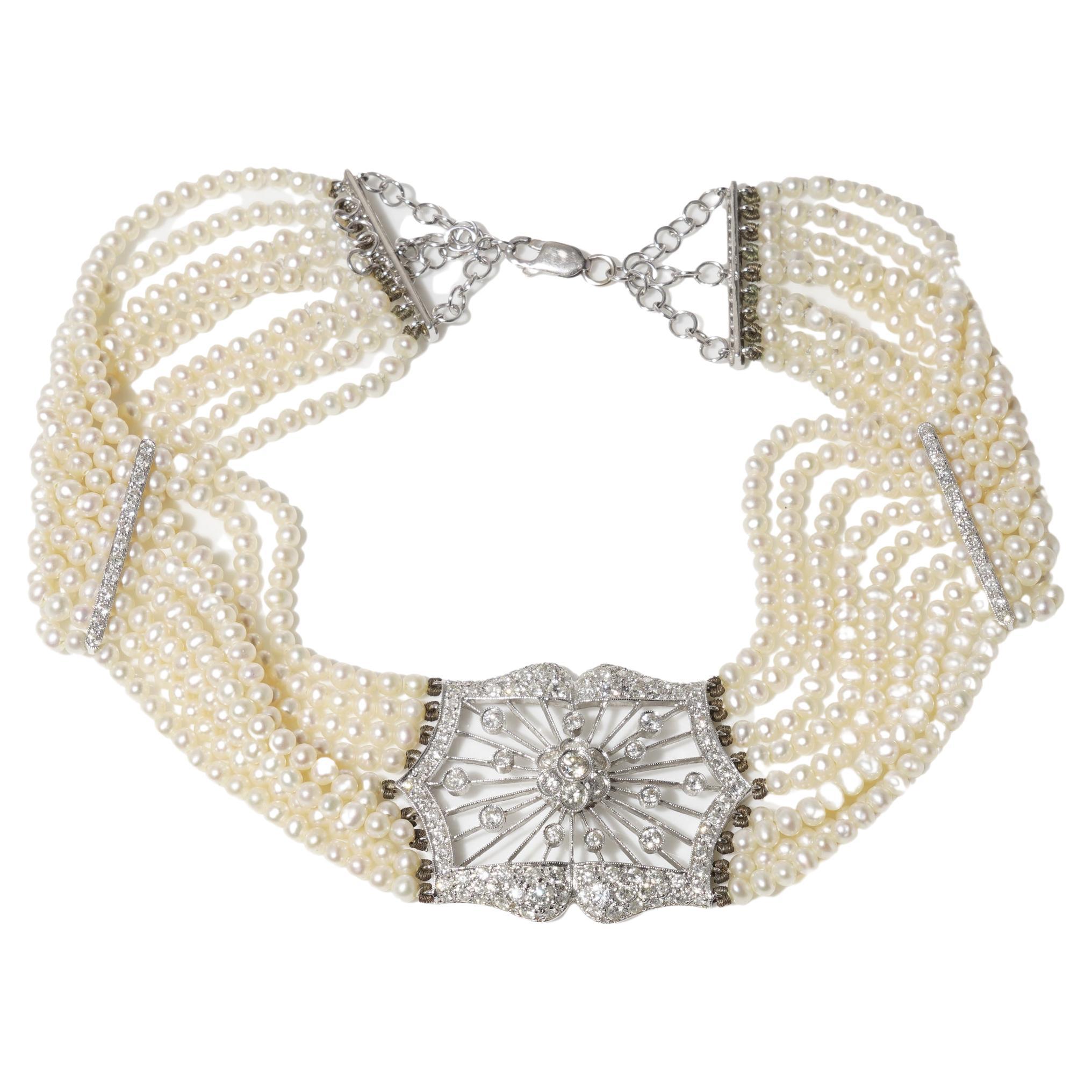 Art Deco style diamond and pearl choker necklace For Sale at 1stDibs