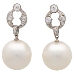 Retro Art Deco Style Diamond and Pearl Drop Earrings Set in Platinum