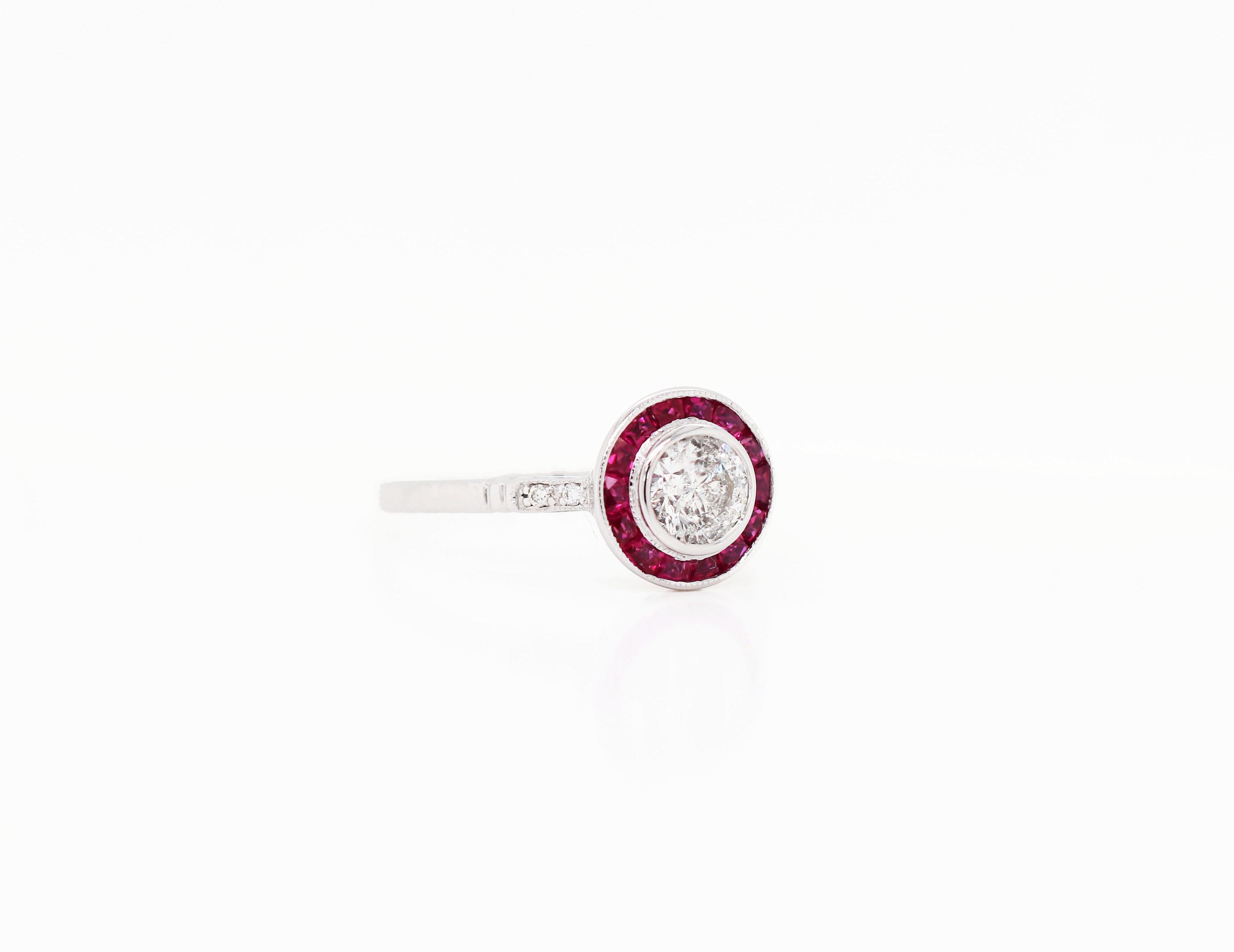 Round Cut Art Deco Style Diamond and Ruby 18 Carat White Gold Target Engagement Ring