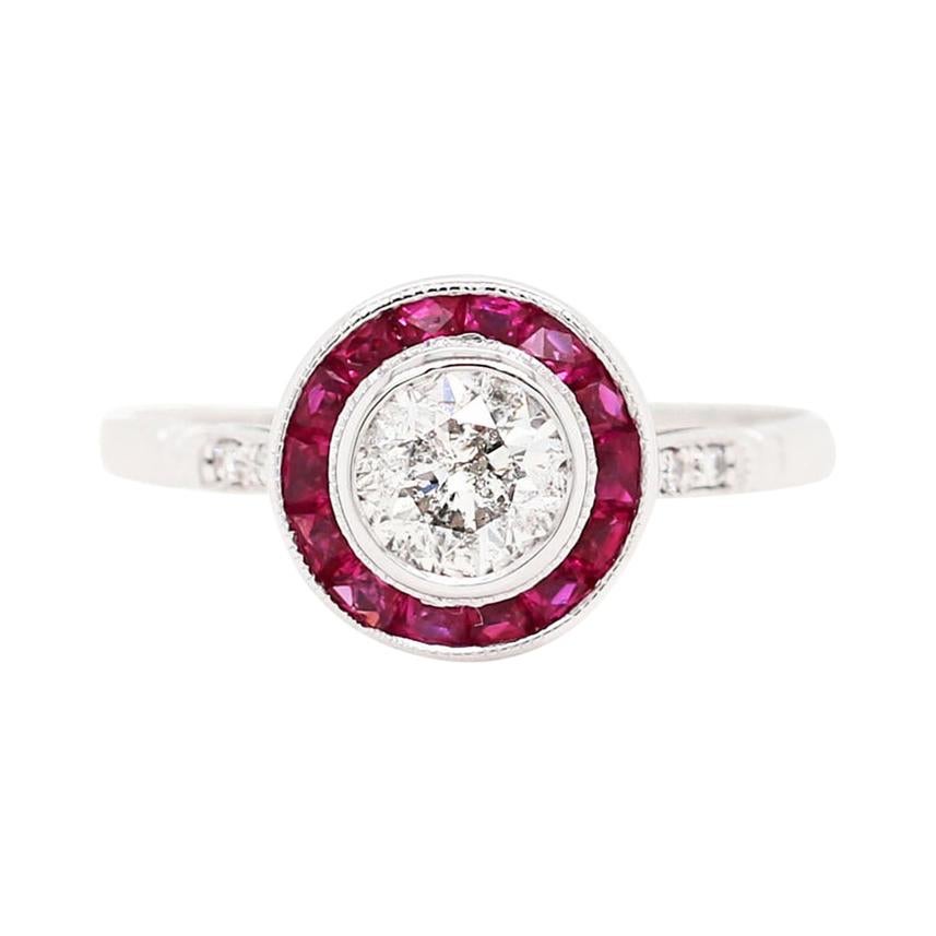 Art Deco Style Diamond and Ruby 18 Carat White Gold Target Engagement Ring