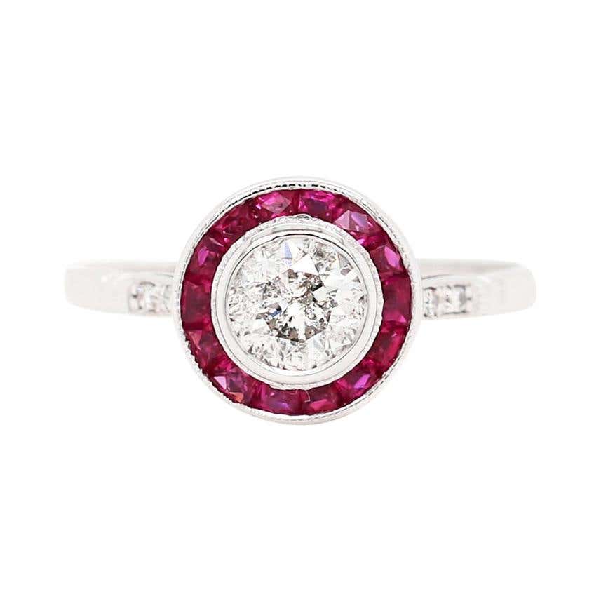 Art Deco Style Diamond and Ruby 18 Carat White Gold Target Engagement ...
