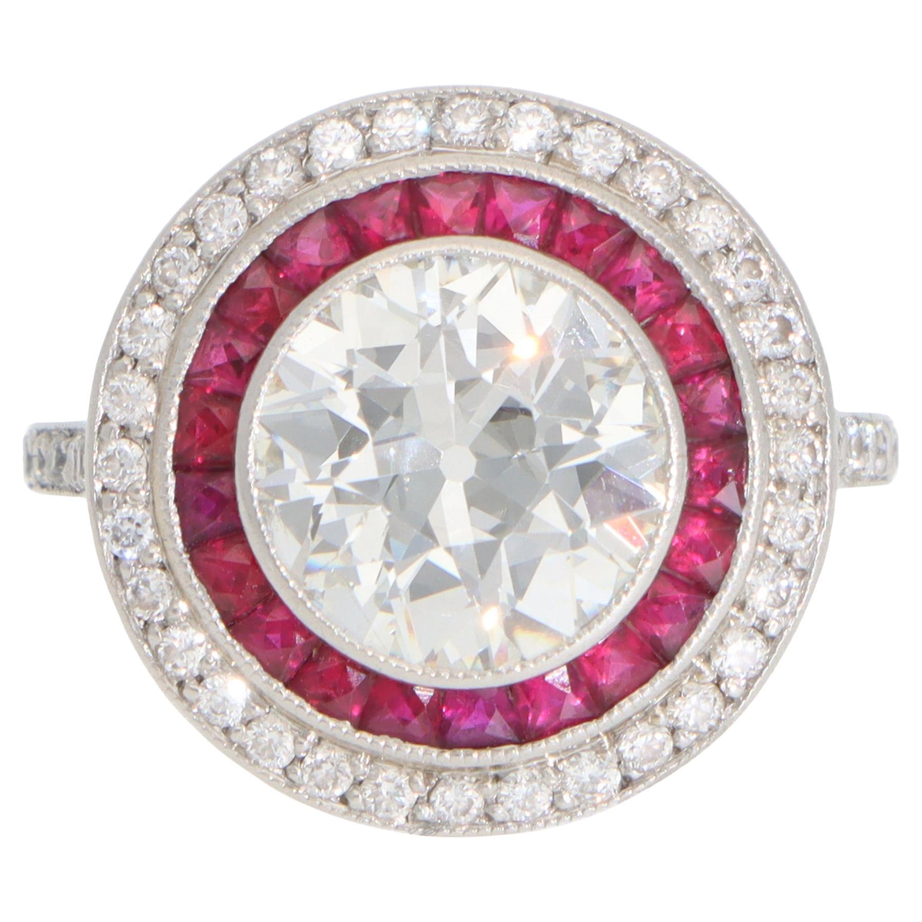 Art Deco Style Diamond and Ruby Double Target Ring in Platinum