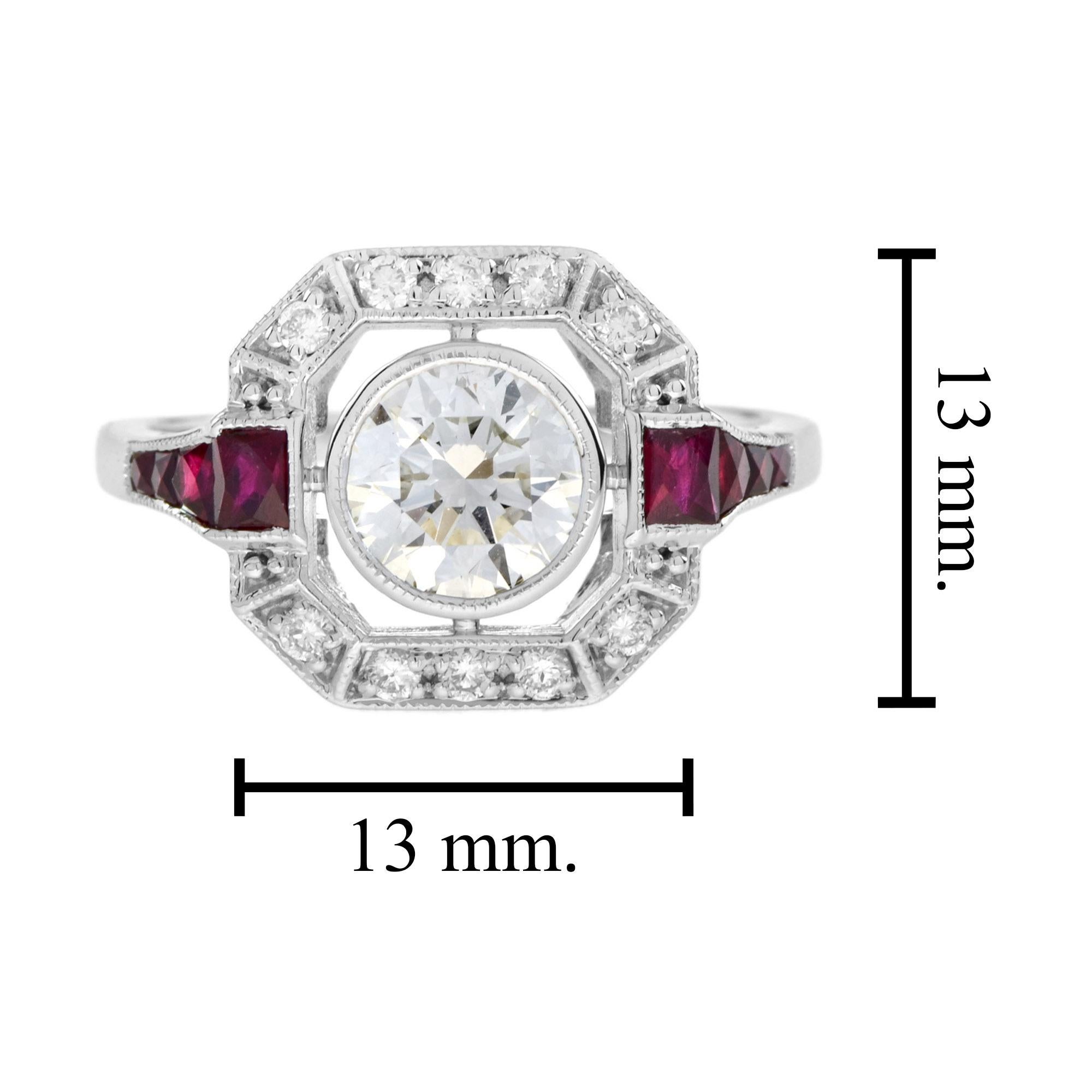 De las mujeres Anillo de compromiso de diamantes y rubíes estilo Art Déco en oro blanco de 18 quilates