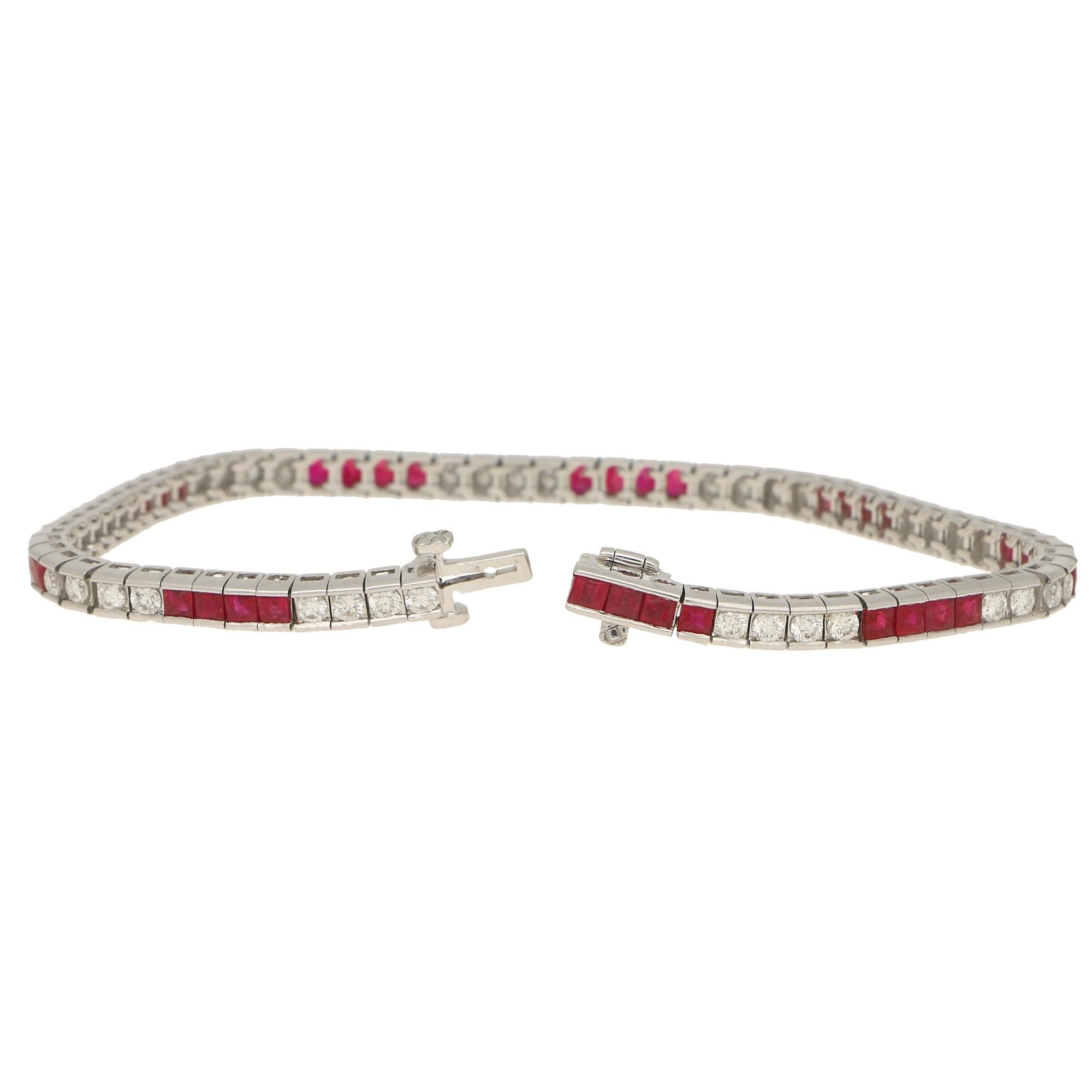 French Cut Art Deco Style Diamond and Ruby Line / Tennis Bracelet Set in Platinum