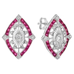 Art Deco Style Diamond and Ruby Marquise Shape Stud Earrings in 14K Gold