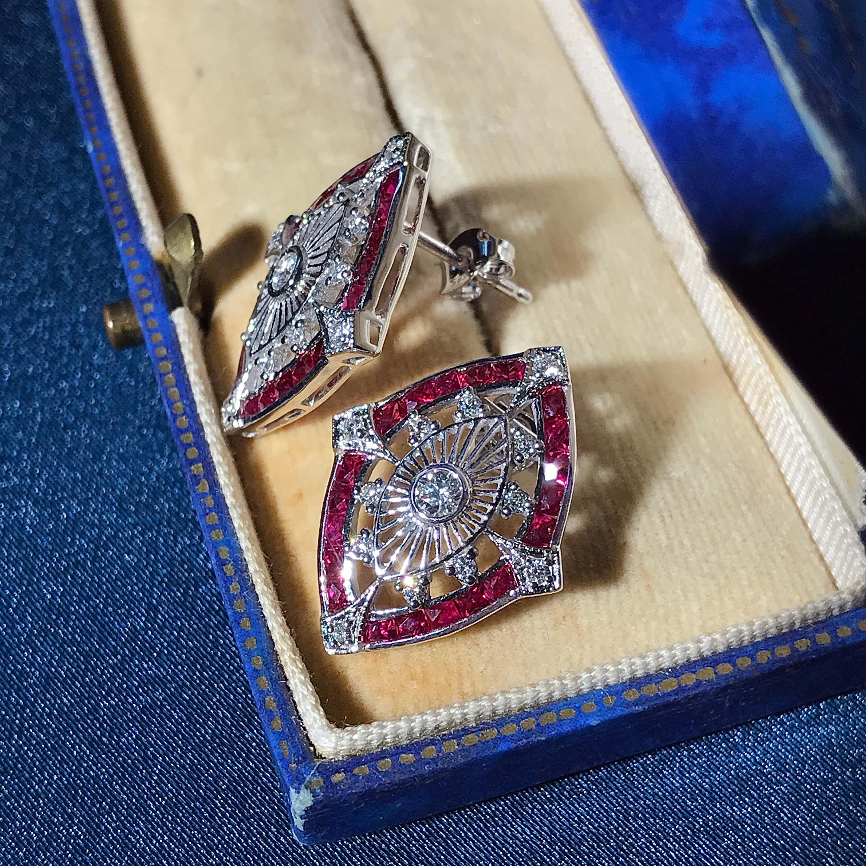 Round Cut Art Deco Style Diamond and Ruby Marquise Shape Stud Earrings in 14K White Gold For Sale