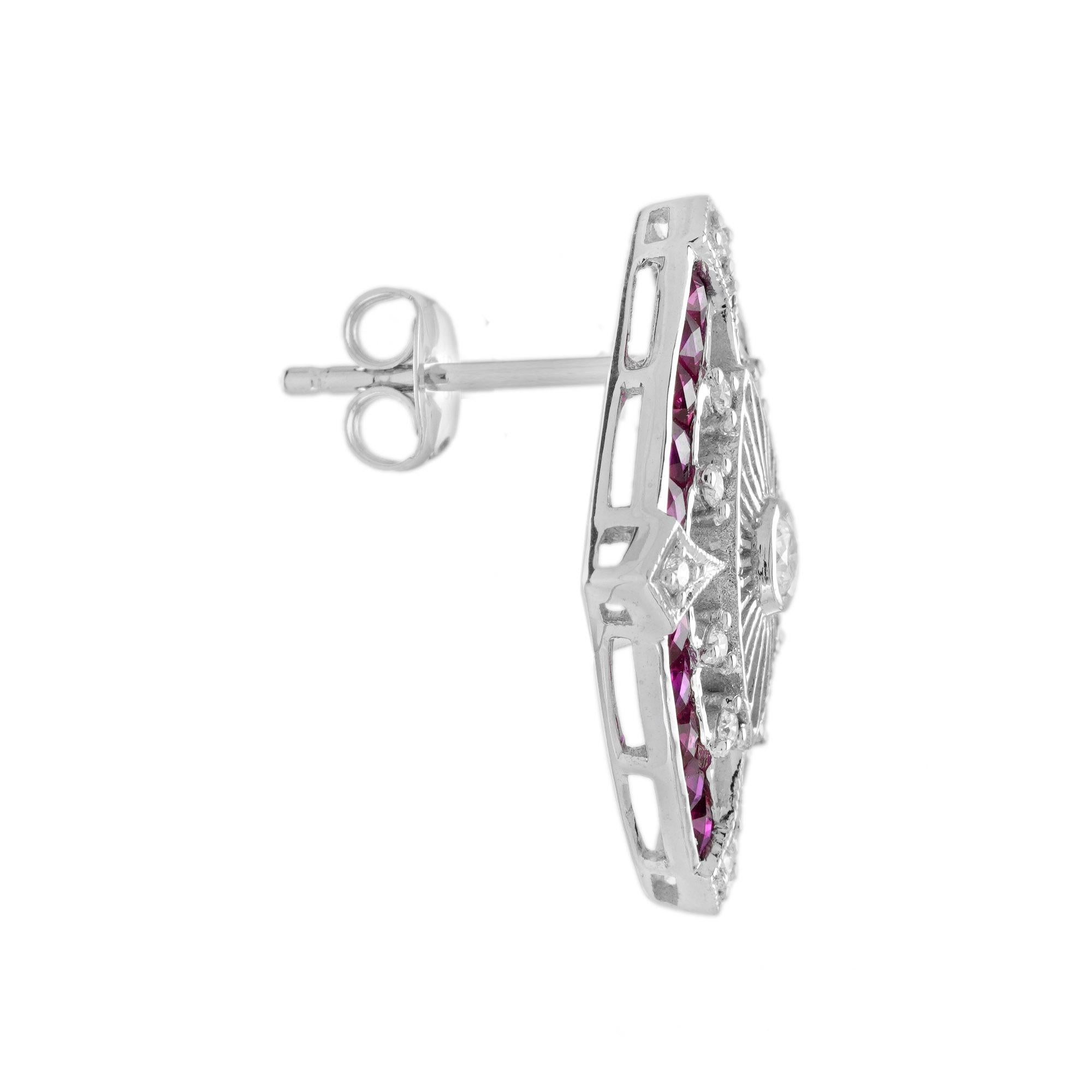 Art Deco Style Diamond and Ruby Marquise Shape Stud Earrings in 14K White Gold In New Condition For Sale In Bangkok, TH