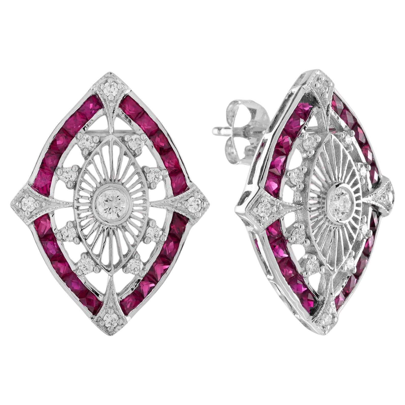 Art Deco Style Diamond and Ruby Marquise Shape Stud Earrings in 14K White Gold For Sale