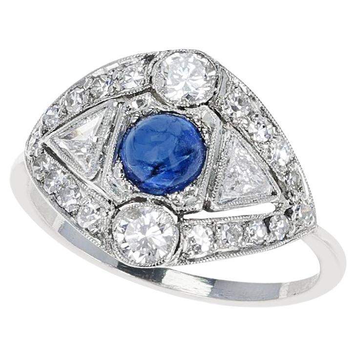 Art Deco-Style Diamond and Sapphire Cabochon Platinum Ring  For Sale