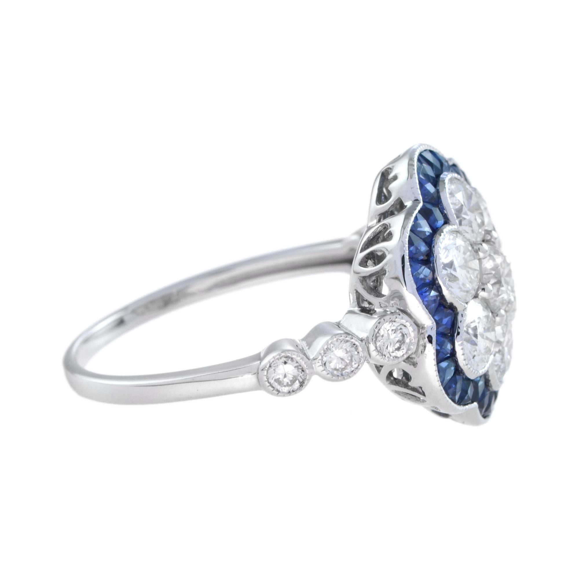 Round Cut Art Deco Style Diamond and Sapphire Cluster Ring in 18K White Gold