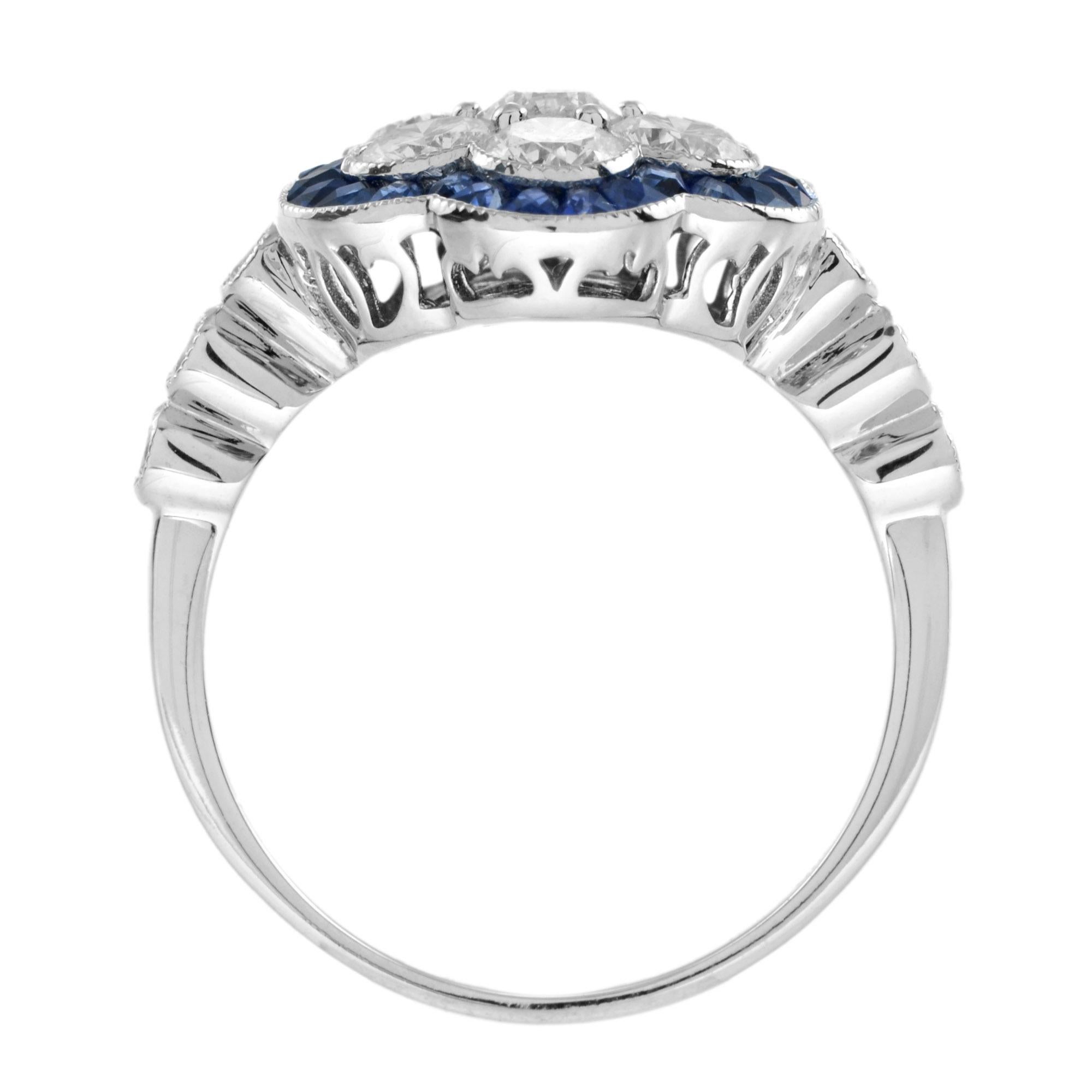 Women's Art Deco Style Diamond and Sapphire Cluster Ring in 18K White Gold