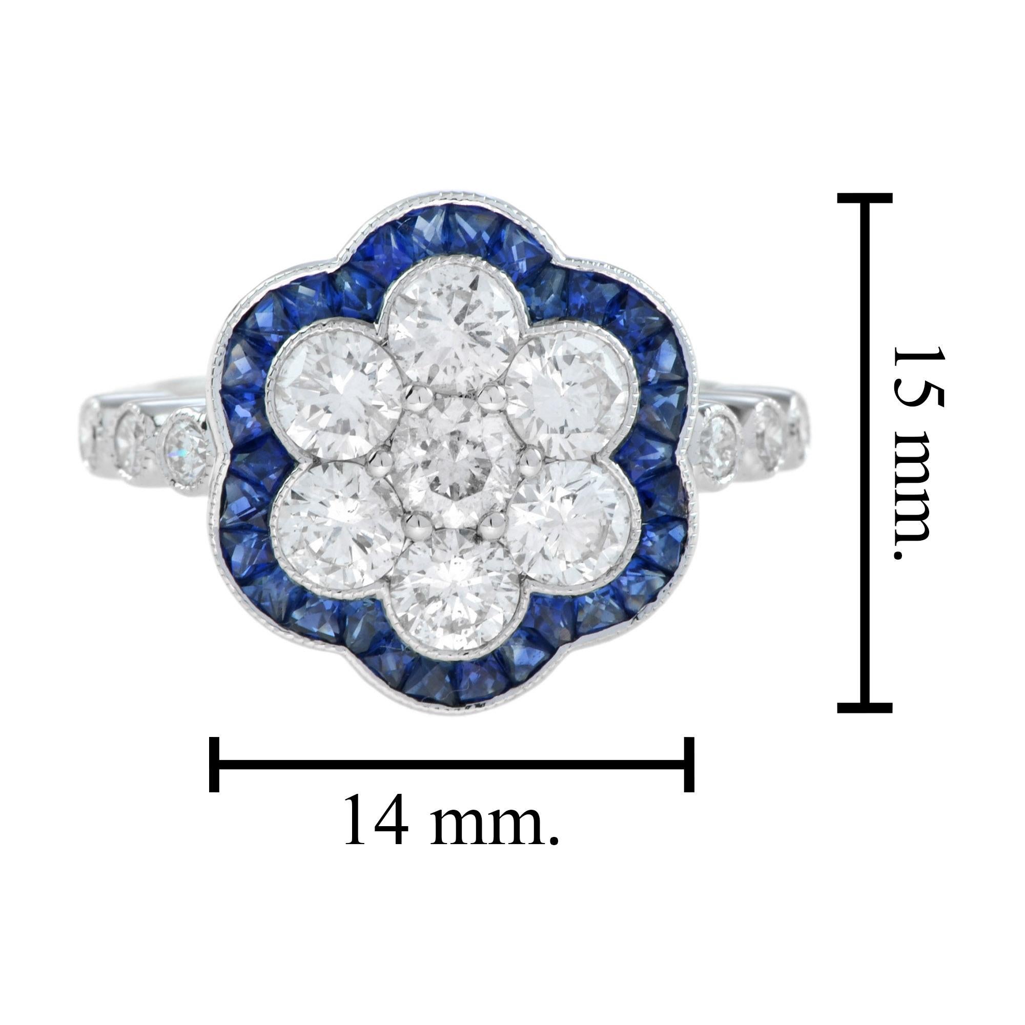 Art Deco Style Diamond and Sapphire Cluster Ring in 18K White Gold 1