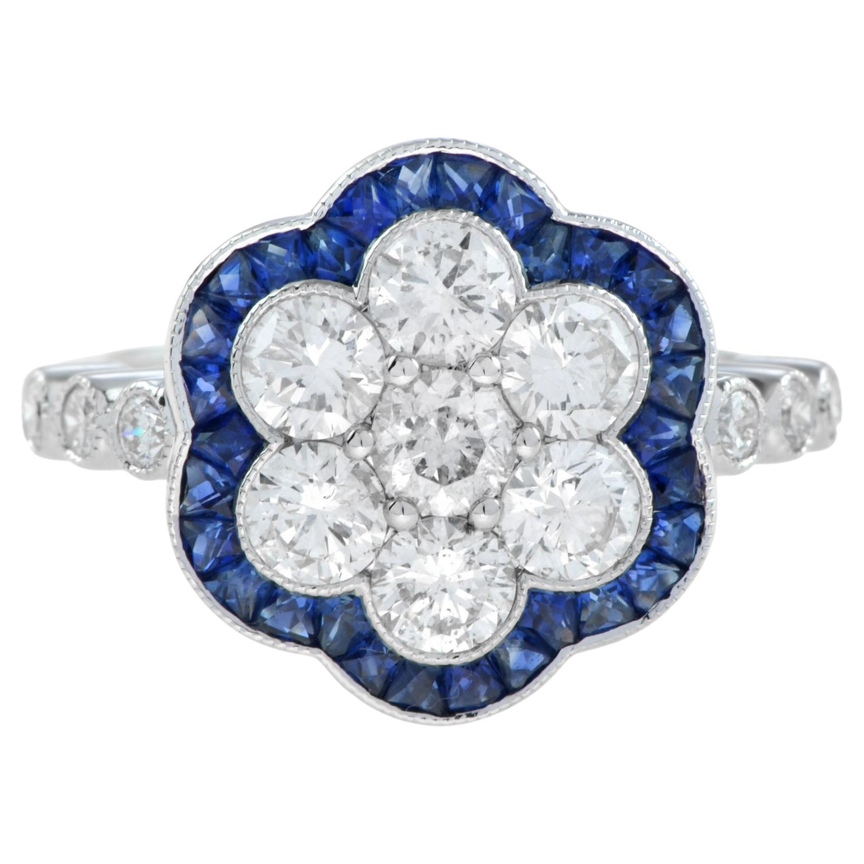 Art Deco Style Diamond and Sapphire Cluster Ring in 18K White Gold