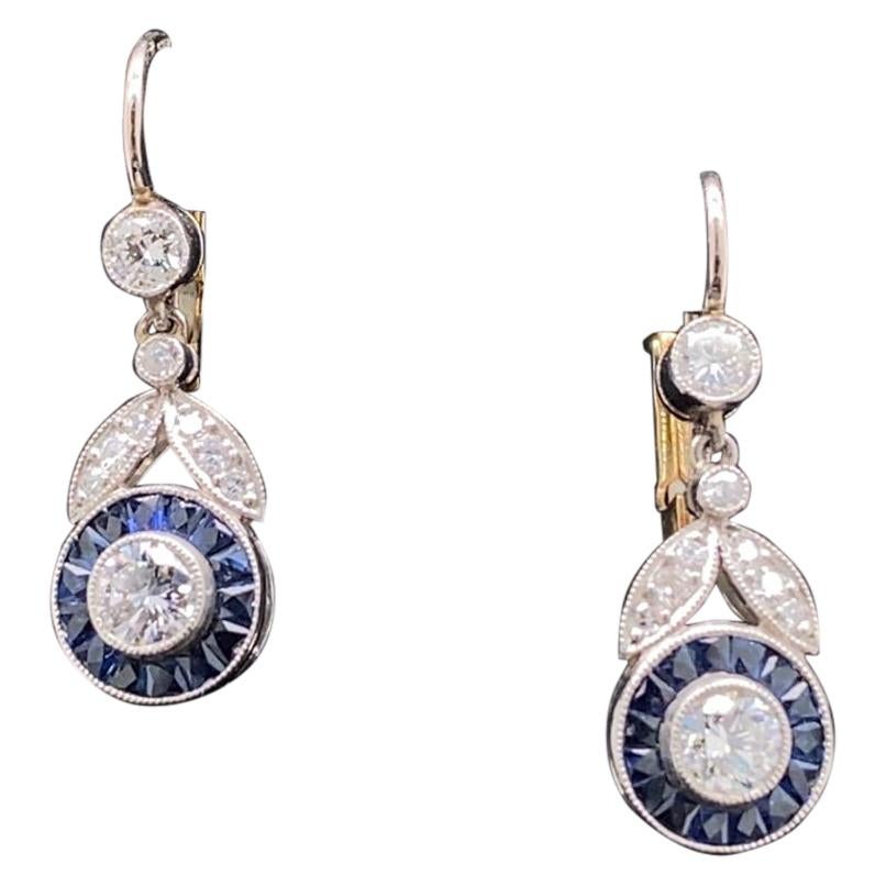 Art Deco Style Diamond and Sapphire Floral Target Earrings in Platinum. For Sale