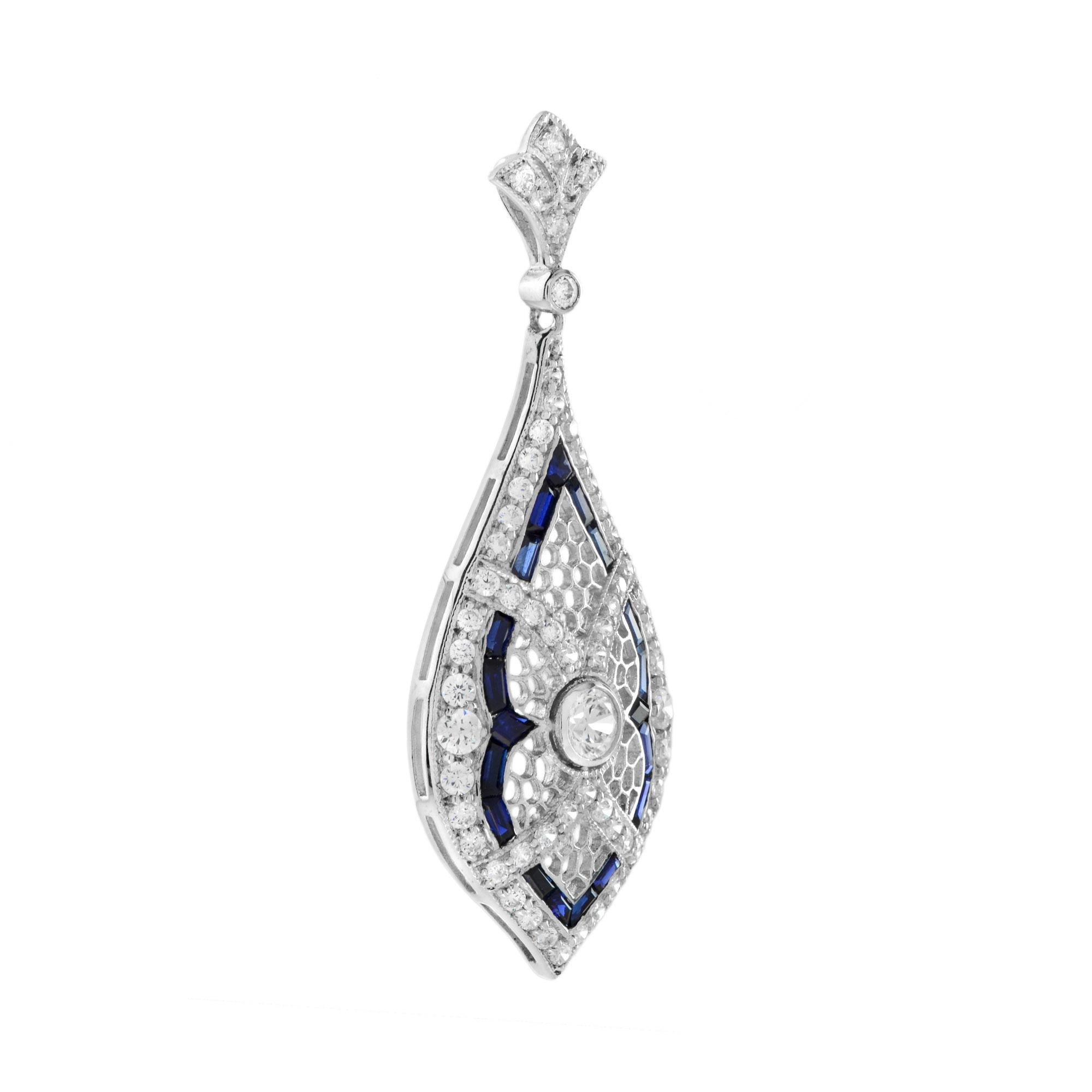 Taille ronde Pendentif de style Art déco en or blanc 14 carats en forme de marquise avec diamants et saphirs en vente