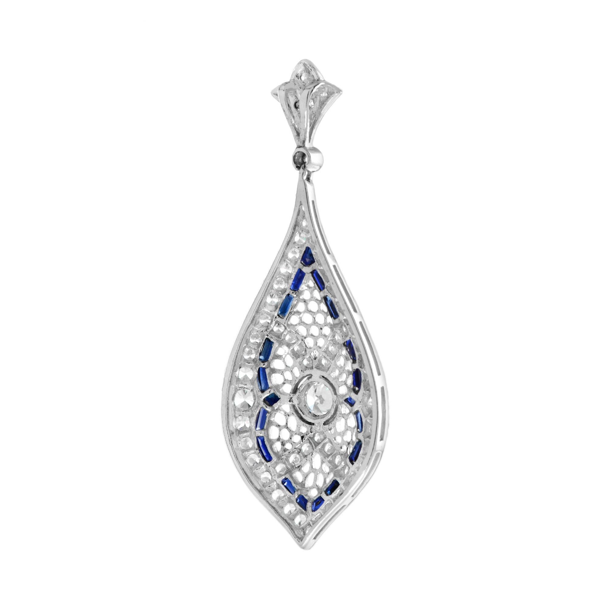 Pendentif de style Art déco en or blanc 14 carats en forme de marquise avec diamants et saphirs Neuf - En vente à Bangkok, TH