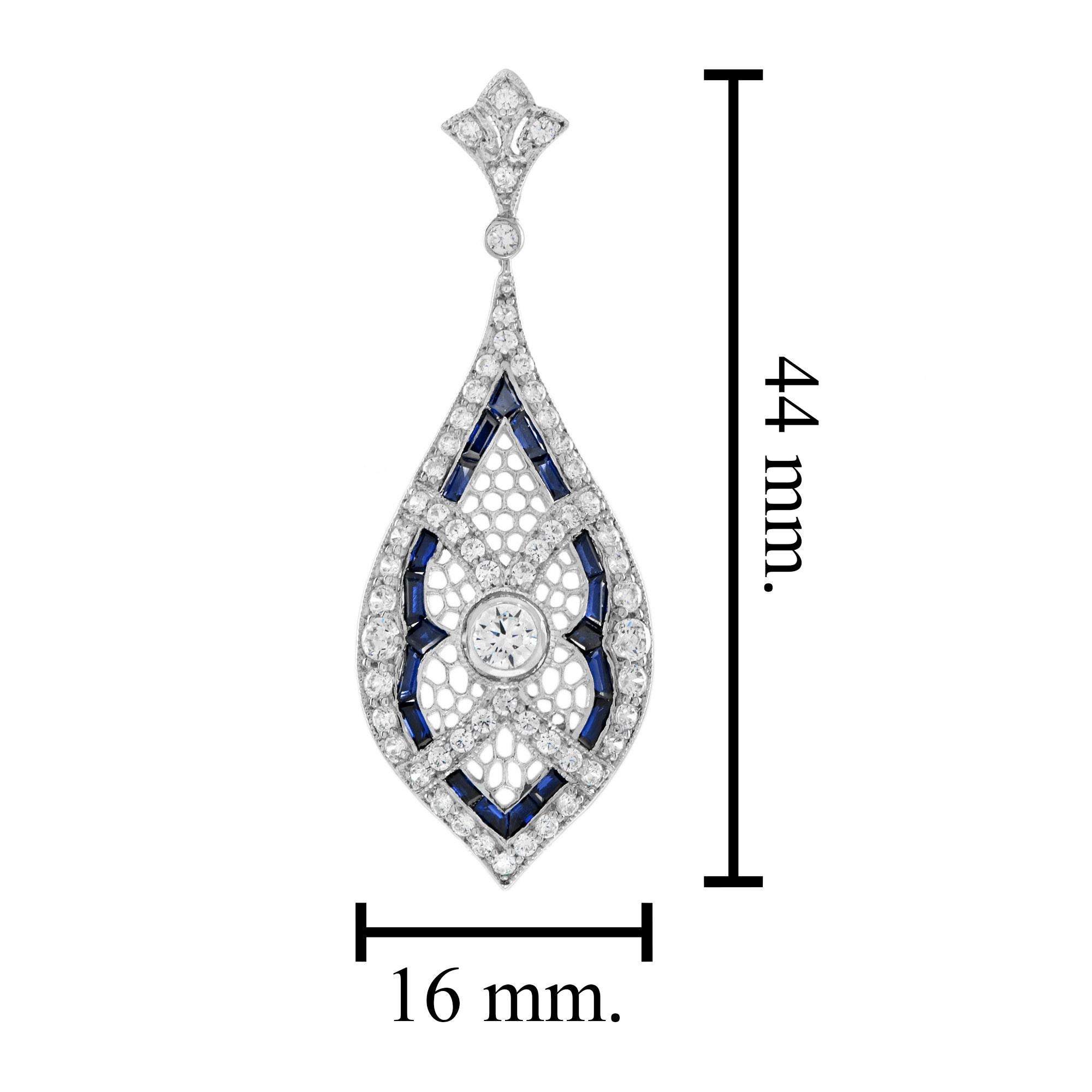 Pendentif de style Art déco en or blanc 14 carats en forme de marquise avec diamants et saphirs Pour femmes en vente
