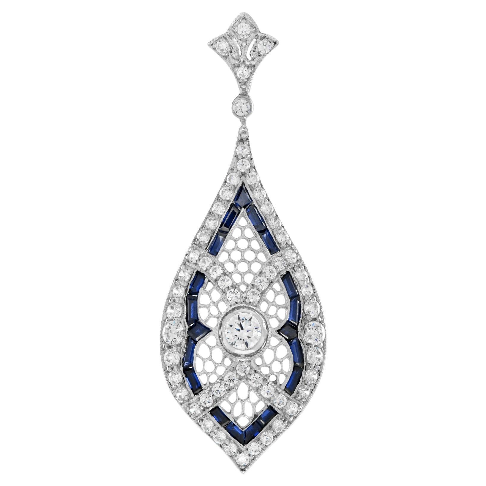 Pendentif de style Art déco en or blanc 14 carats en forme de marquise avec diamants et saphirs