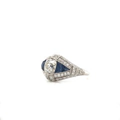 Art Deco Style Diamond and Sapphire Ring Antique 1.50 Carat Old Mine Cut Diamond