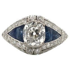 Art Deco Style Diamond and Sapphire Ring Antique 1.50 Carat Old Mine Cut Diamond