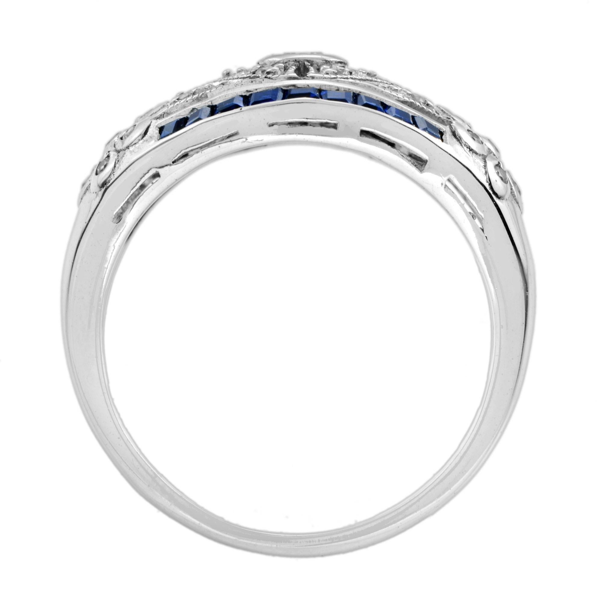 For Sale:  Art Deco Style Diamond and Sapphire Ring in 14K White Gold 6