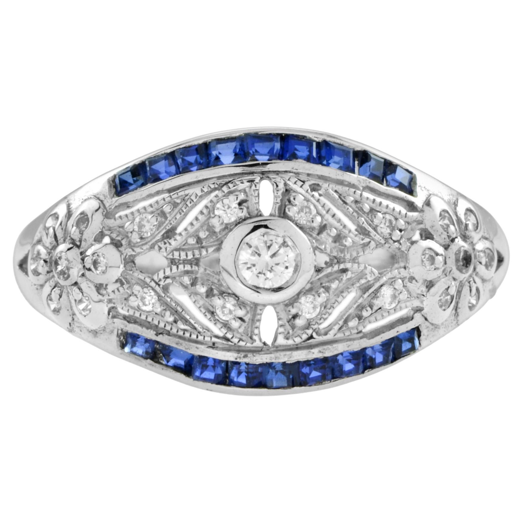 Ring aus 14 Karat Weißgold mit Diamanten und Saphiren im Art-déco-Stil