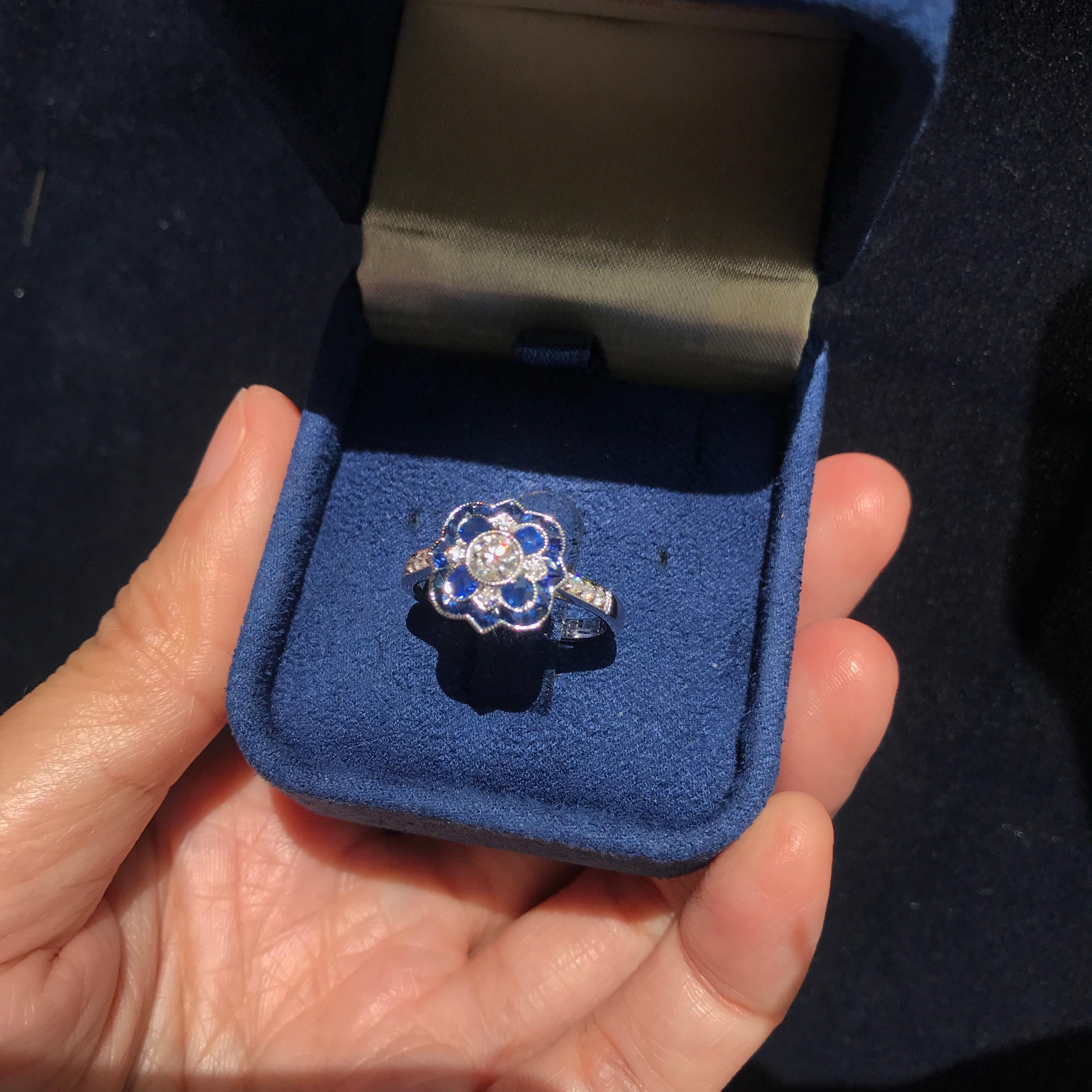 For Sale:  Art Deco Style Diamond and Sapphire Ring in 18K White Gold 2