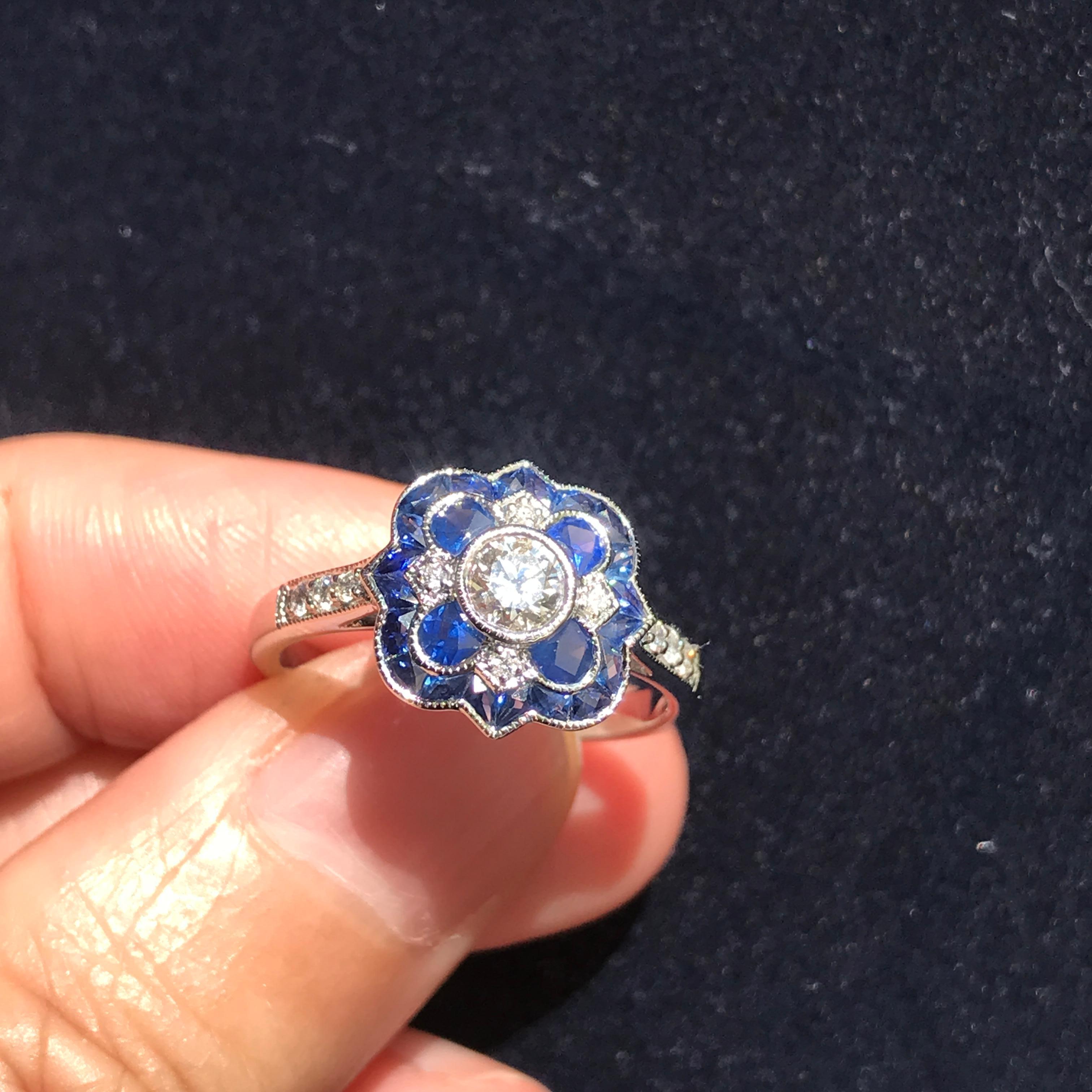 For Sale:  Art Deco Style Diamond and Sapphire Ring in 18K White Gold 3