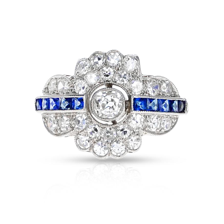 Women's or Men's Art Deco-Style Diamond and Sapphire Ring, Platinum For Sale