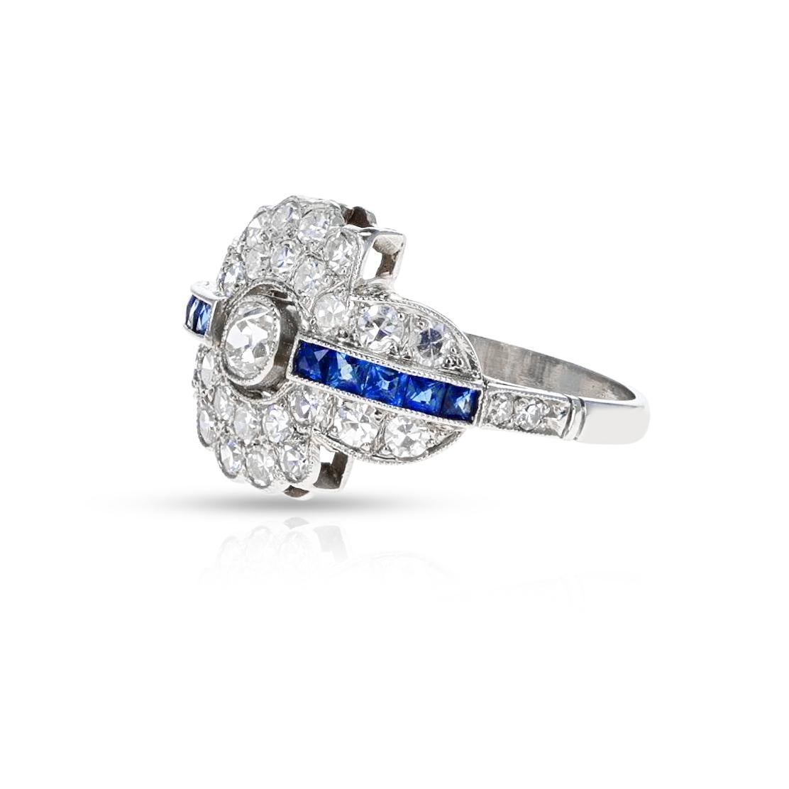 Art Deco-Style Diamond and Sapphire Ring, Platinum For Sale 1