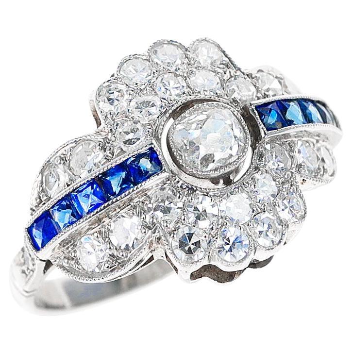 Art Deco-Style Diamond and Sapphire Ring, Platinum For Sale