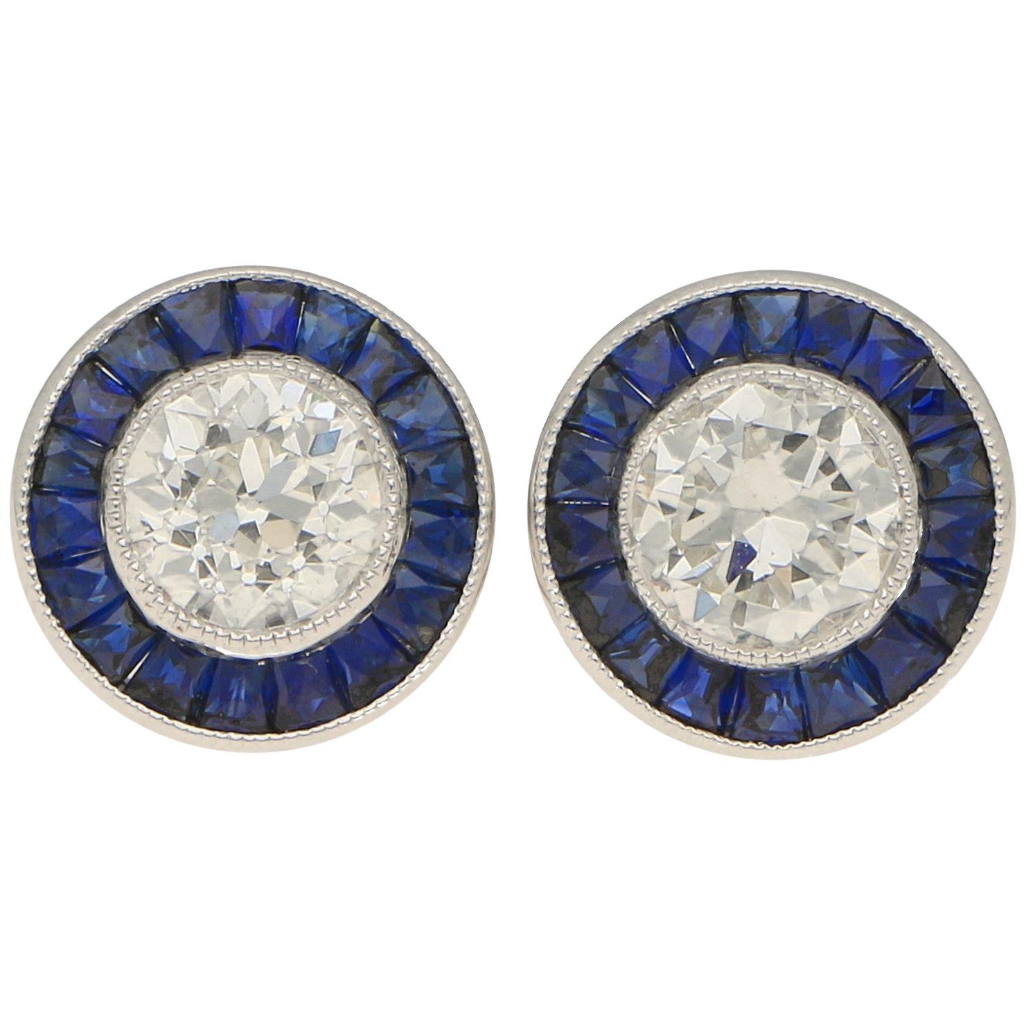 Art Deco Style Diamond and Sapphire Stud Earrings Set in Platinum