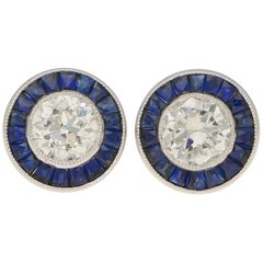 Art Deco Style Diamond and Sapphire Stud Earrings Set in Platinum