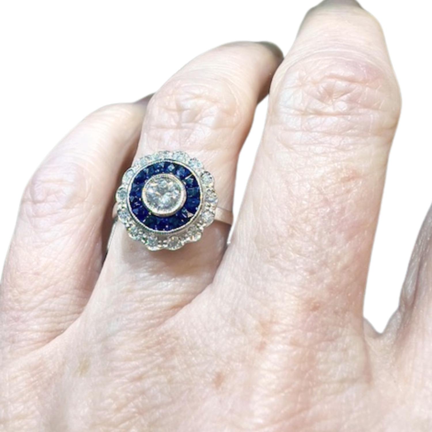 Brilliant Cut Art Deco Style Diamond and Sapphire White Gold Ring