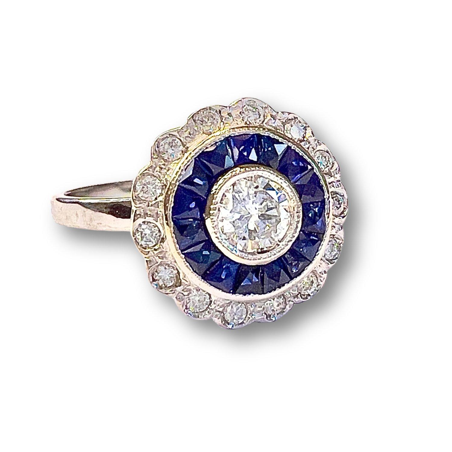 Women's Art Deco Style Diamond and Sapphire White Gold Ring
