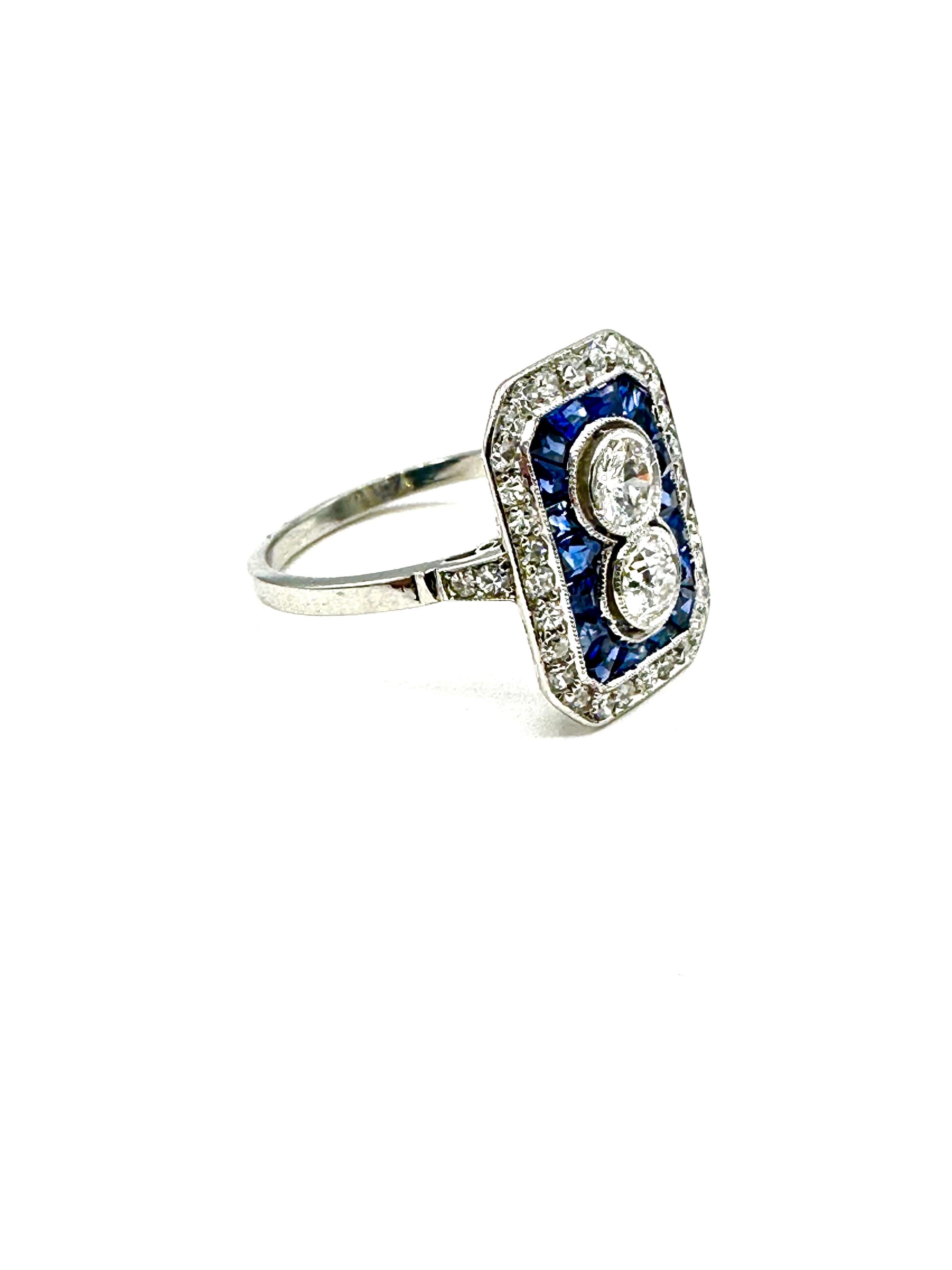 Art Deco Style Diamond and Sapphire White Gold Ring In Excellent Condition For Sale In Chevy Chase, MD