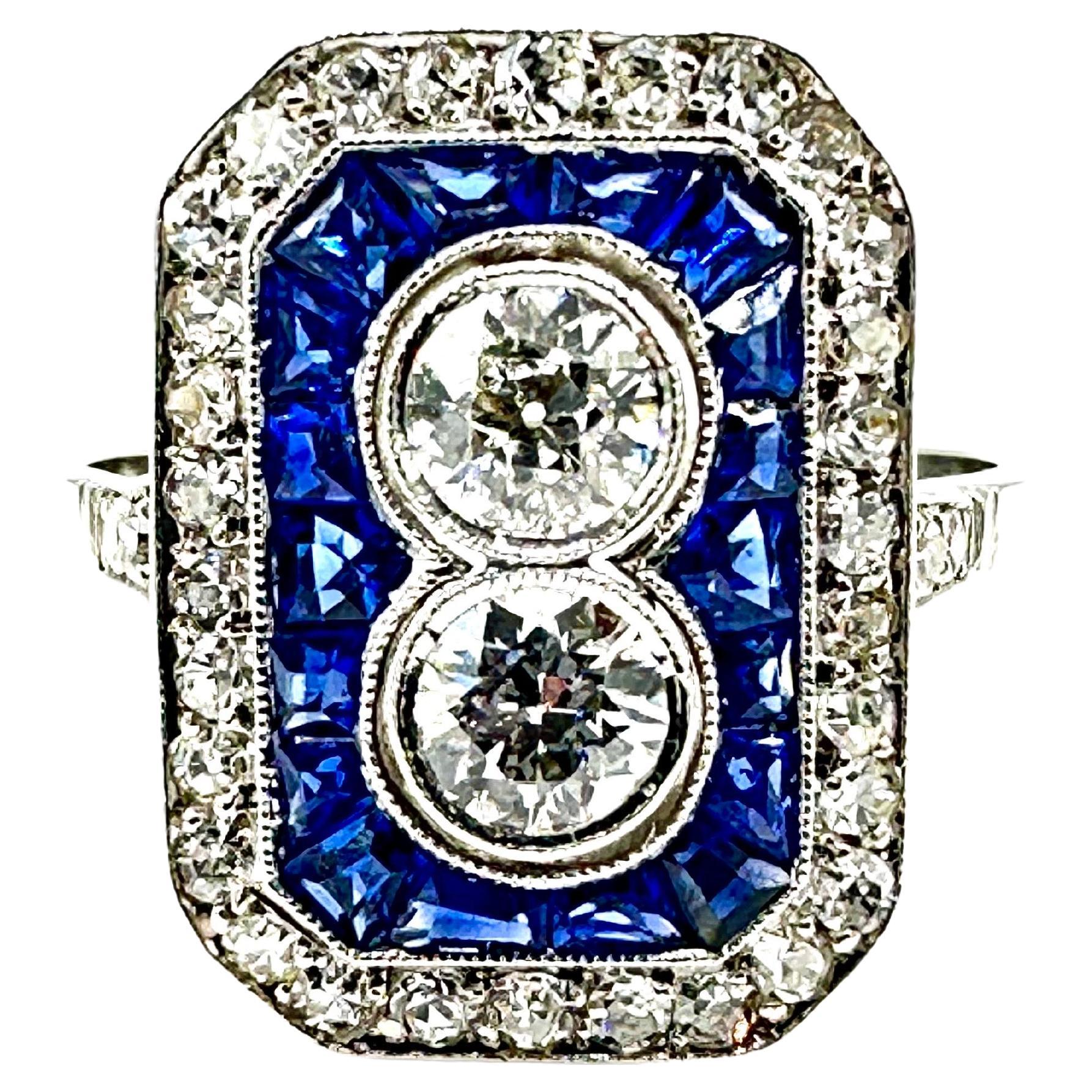 Art Deco Style Diamond and Sapphire White Gold Ring