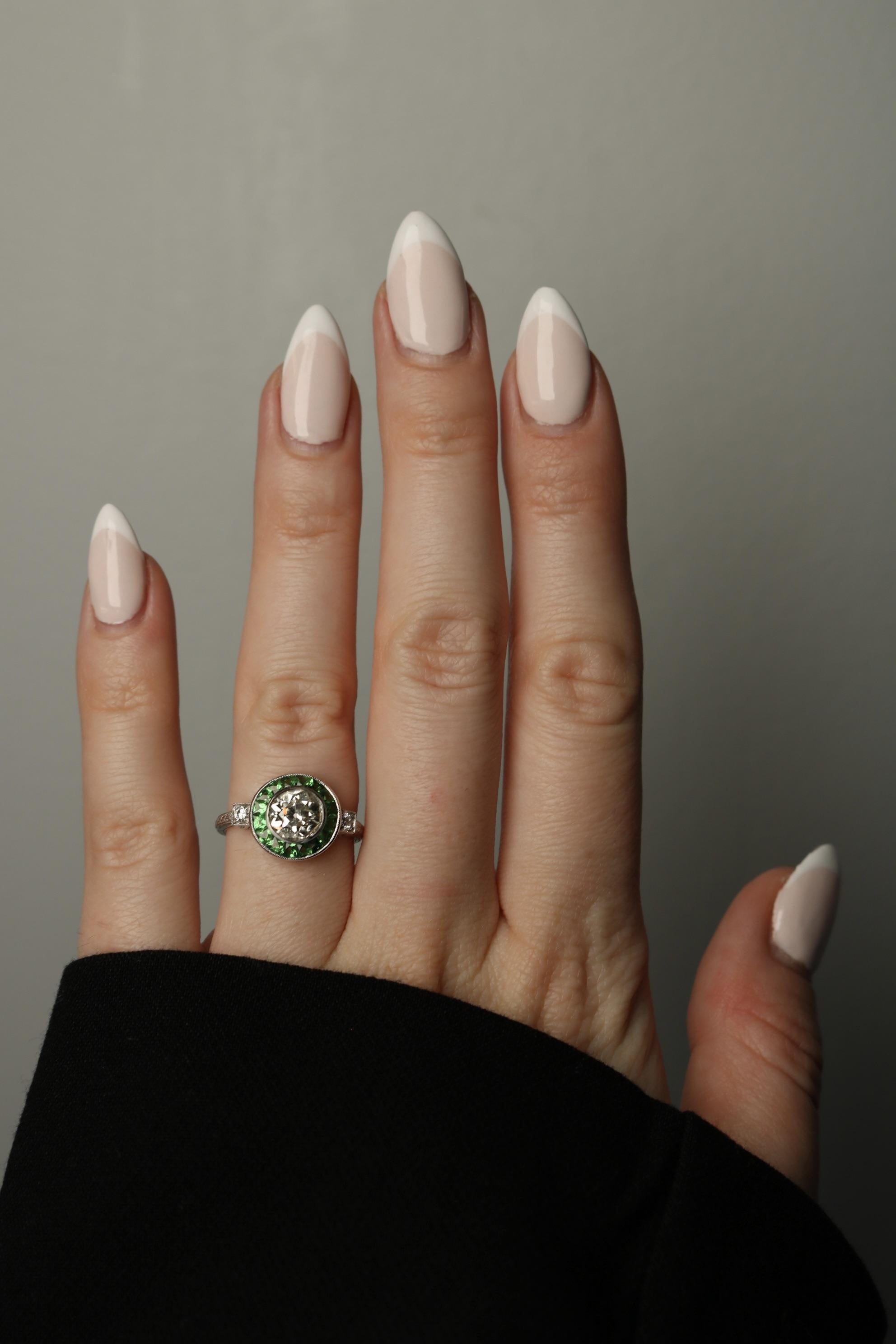 Old European Cut Diamond Tsavorite Halo Cluster Ring in Platinum 1.24ct Old Miner Art Deco Style For Sale