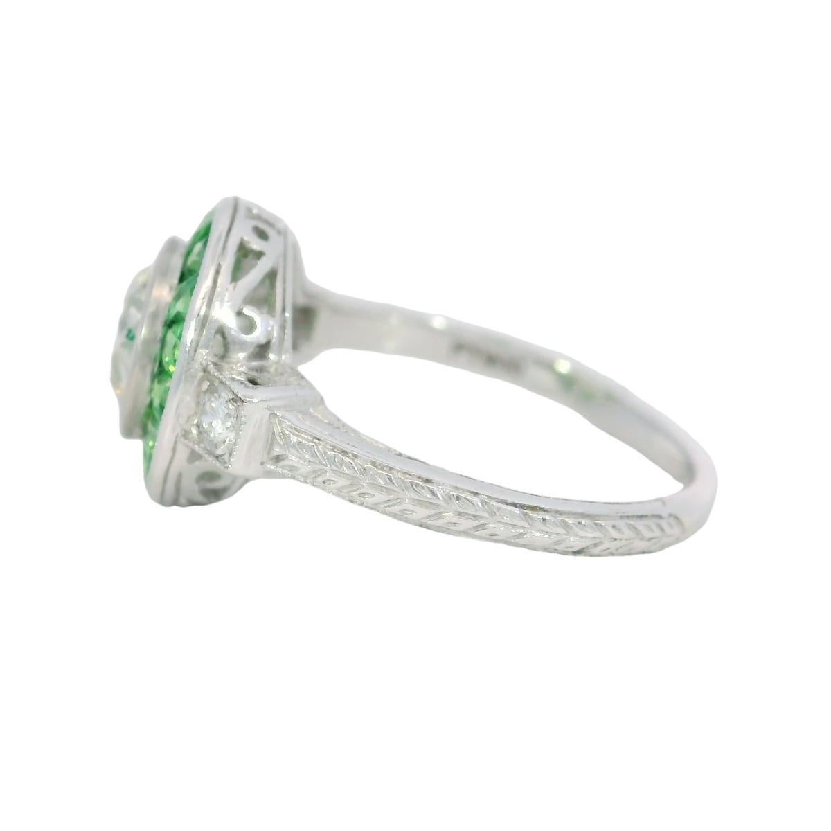 Diamond Tsavorite Halo Cluster Ring in Platinum 1.24ct Old Miner Art Deco Style In Good Condition For Sale In Fairfield, CT